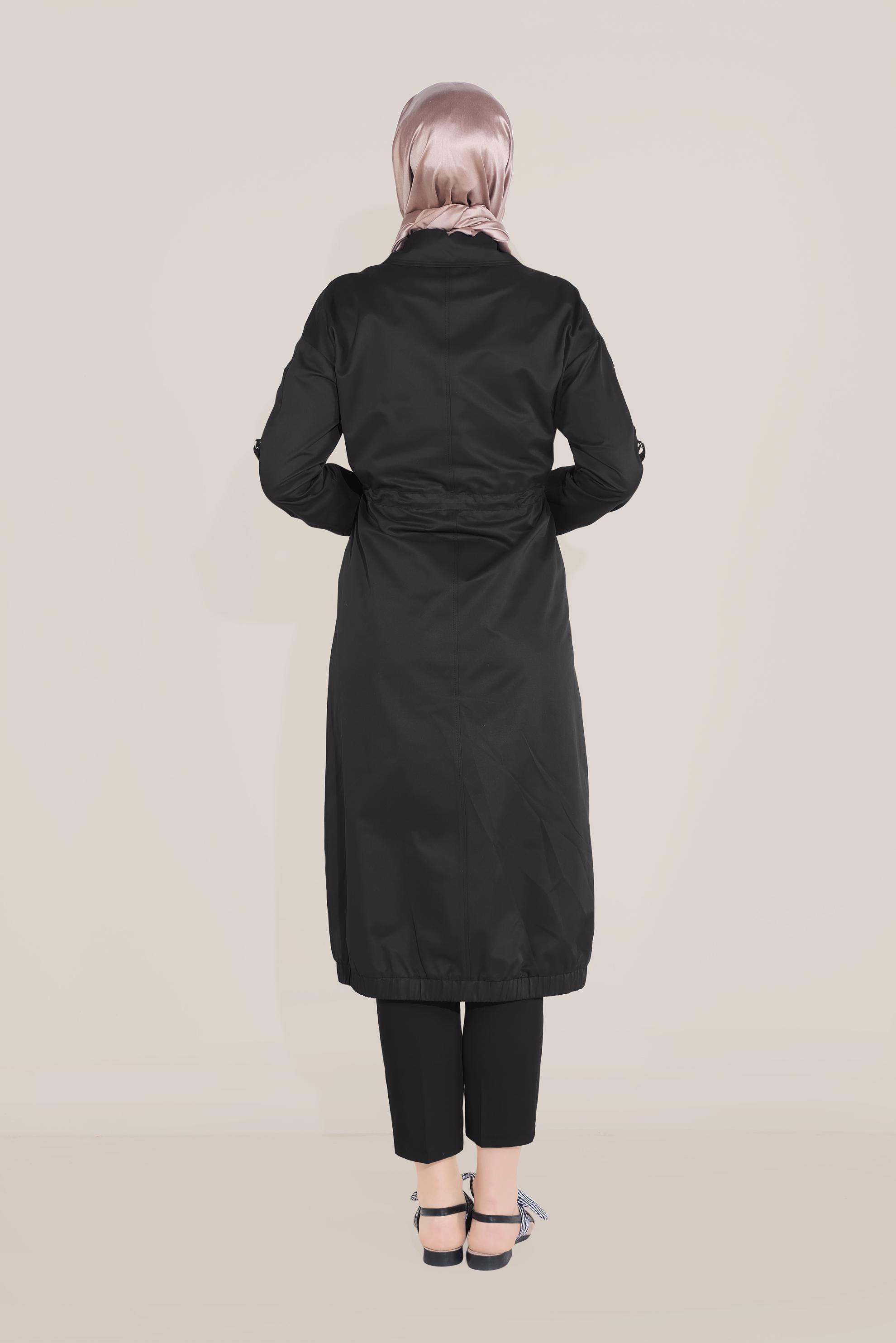 Tesettür giyim SİYAH BELİ BAĞCIKLI FERMUARLI TRENÇKOT 10191