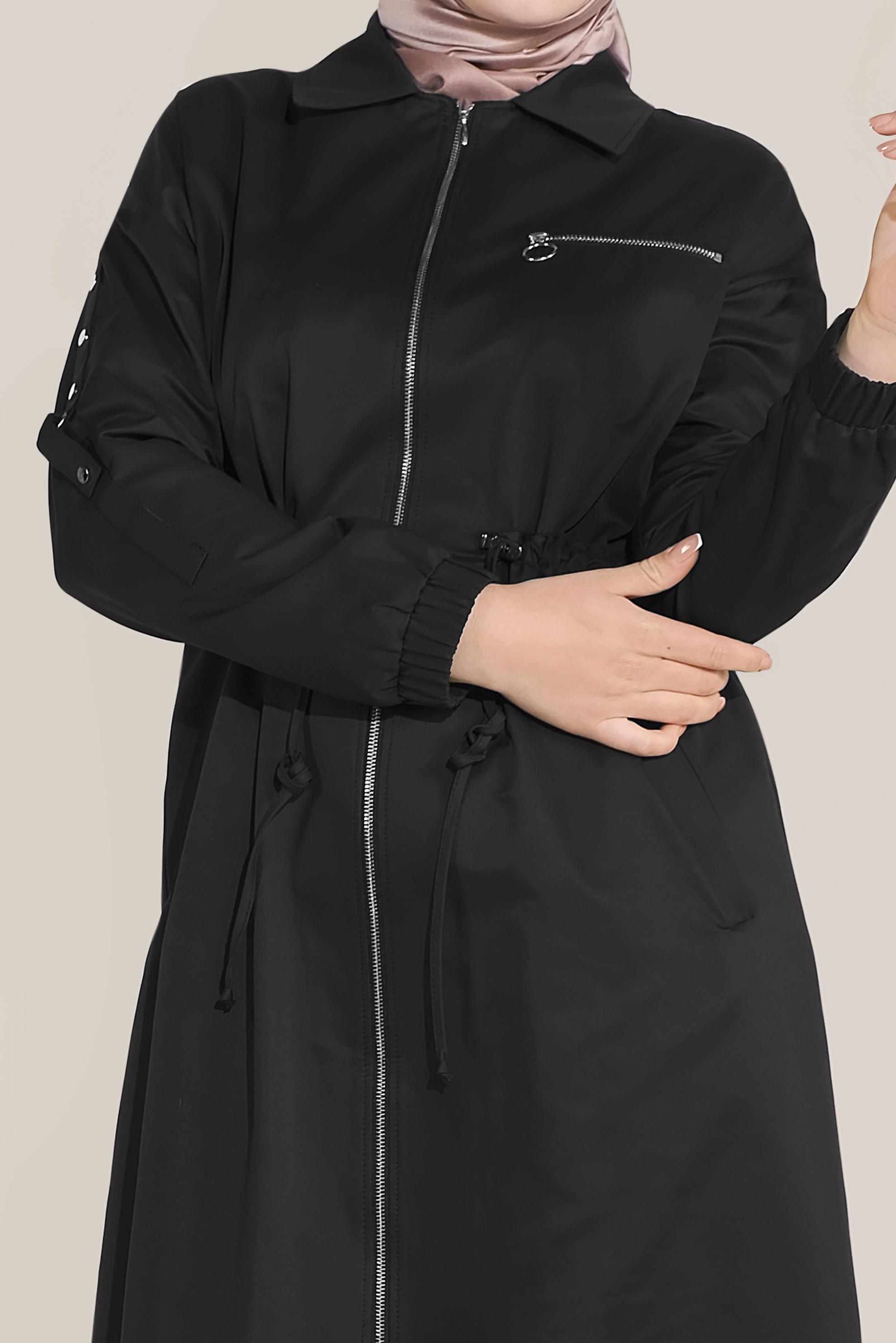 Tesettür giyim SİYAH BELİ BAĞCIKLI FERMUARLI TRENÇKOT 10191