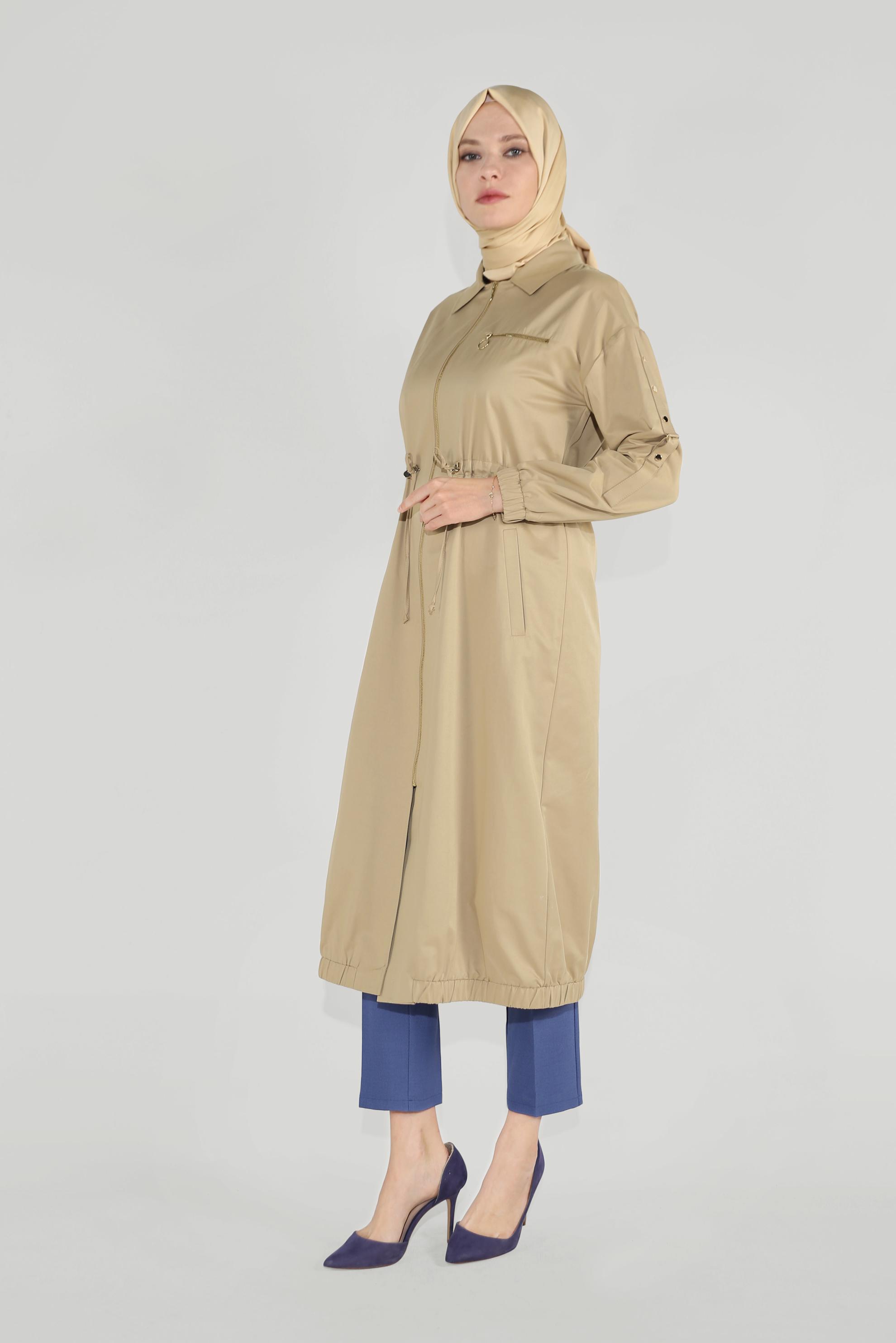 Tesettür giyim KAHVE BELİ BAĞCIKLI FERMUARLI TRENÇKOT 10191