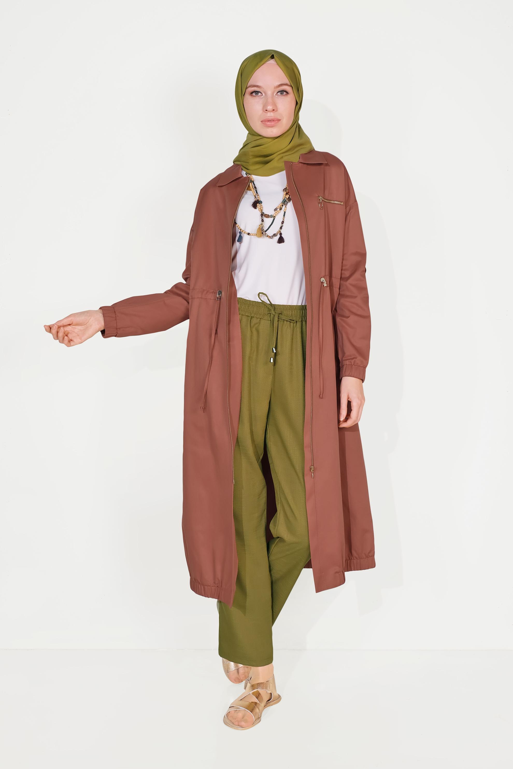 Tesettür giyim TURUNCU BELİ BAĞCIKLI FERMUARLI TRENÇKOT 10191