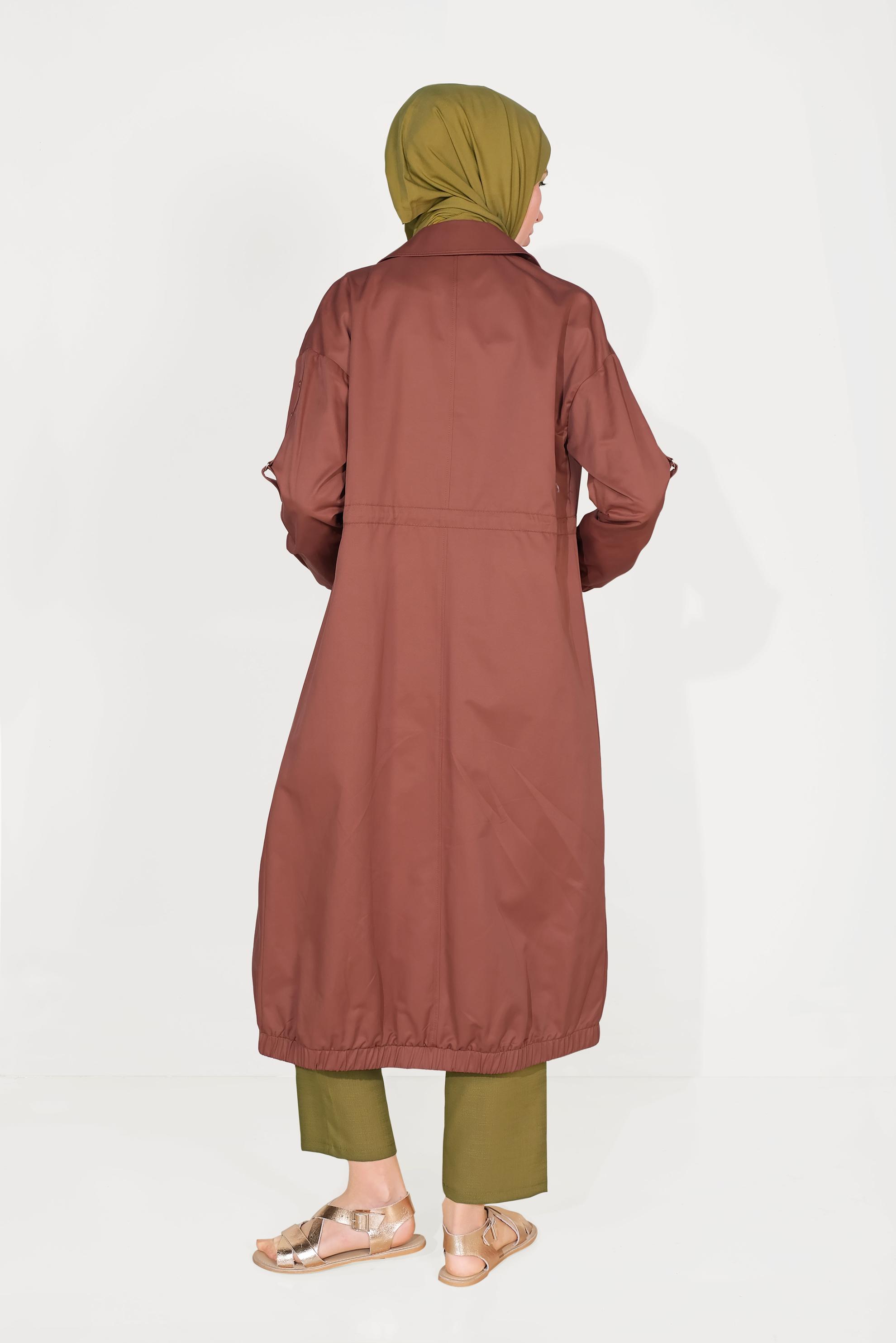 Tesettür giyim TURUNCU BELİ BAĞCIKLI FERMUARLI TRENÇKOT 10191