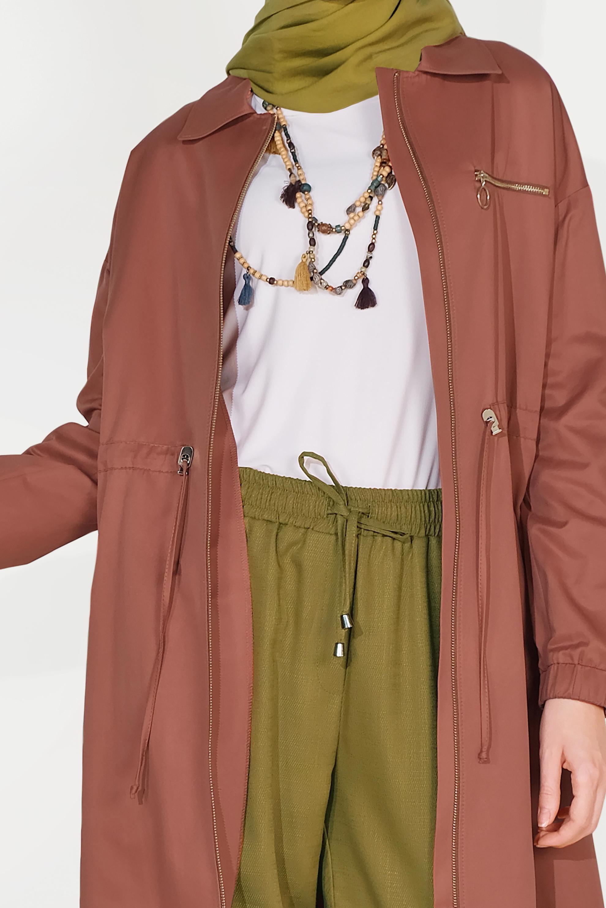 Tesettür giyim TURUNCU BELİ BAĞCIKLI FERMUARLI TRENÇKOT 10191