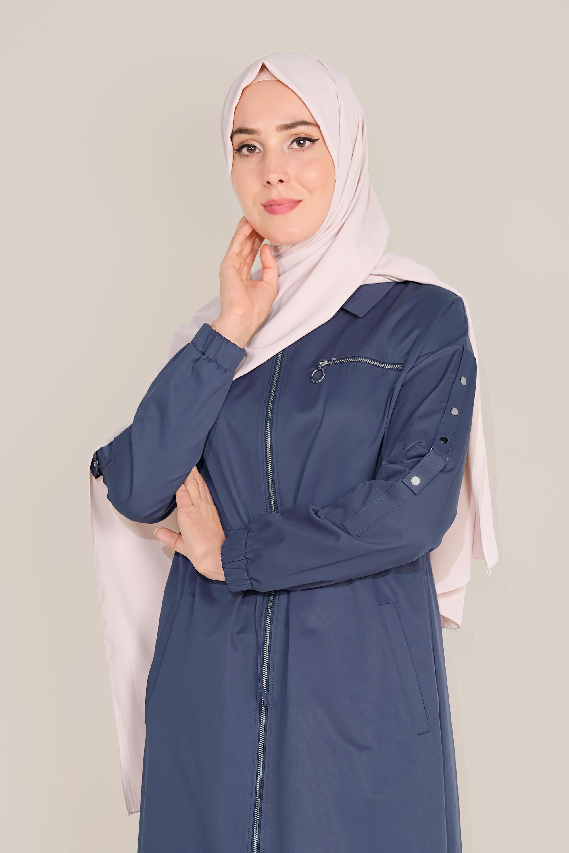 Tesettür giyim LACİVERT BELİ BAĞCIKLI FERMUARLI TRENÇKOT 10191