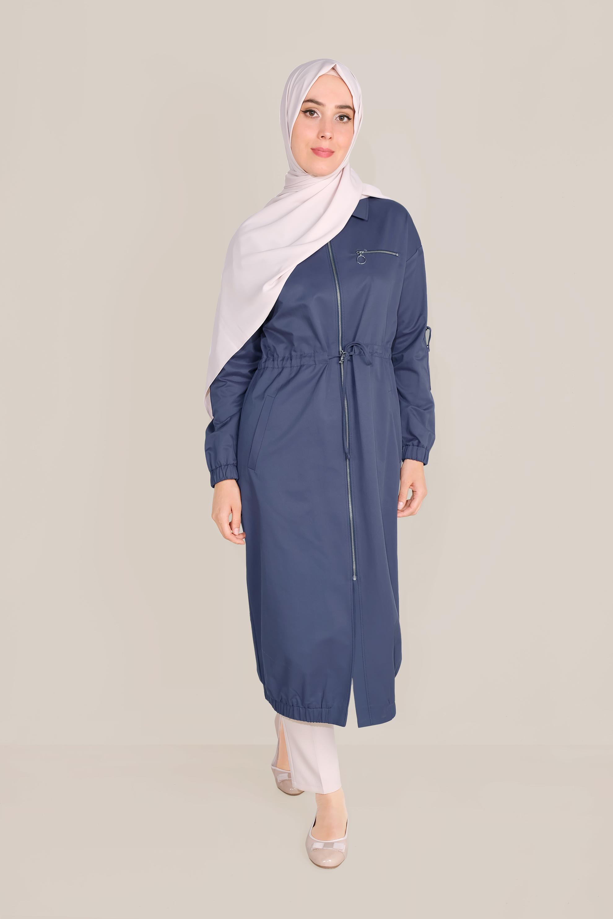 Tesettür giyim LACİVERT BELİ BAĞCIKLI FERMUARLI TRENÇKOT 10191