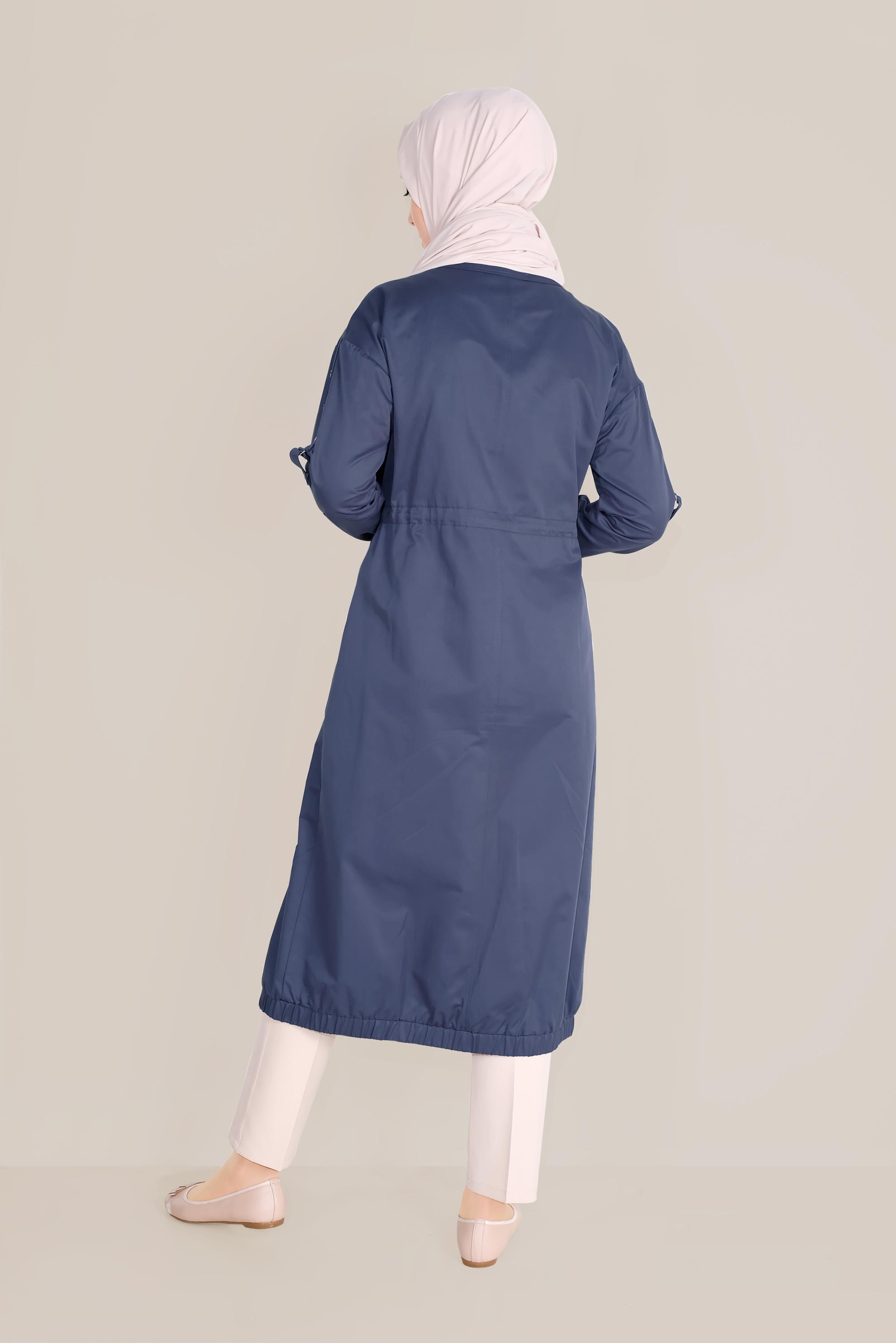 Tesettür giyim LACİVERT BELİ BAĞCIKLI FERMUARLI TRENÇKOT 10191