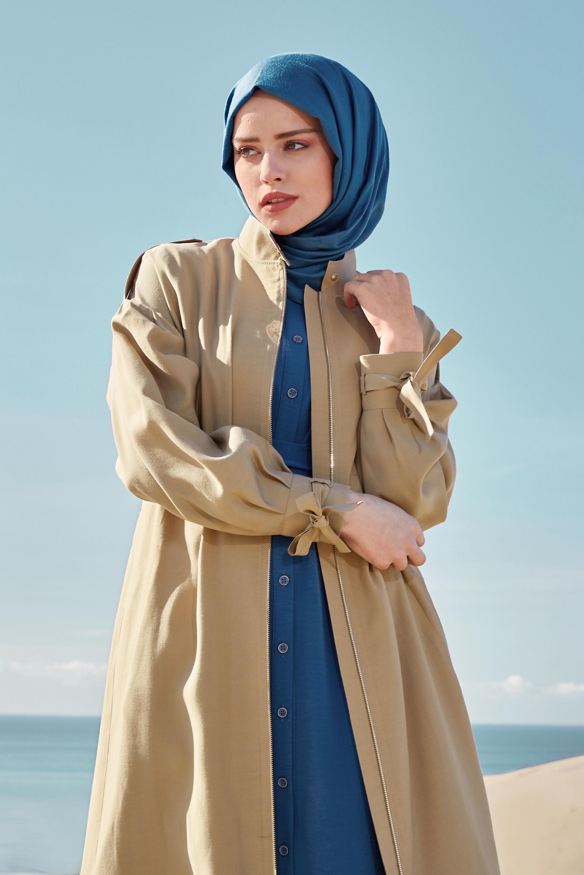 Hijab clothing BROWN  ZIPPED BELTED TRENCH COAT 10192 