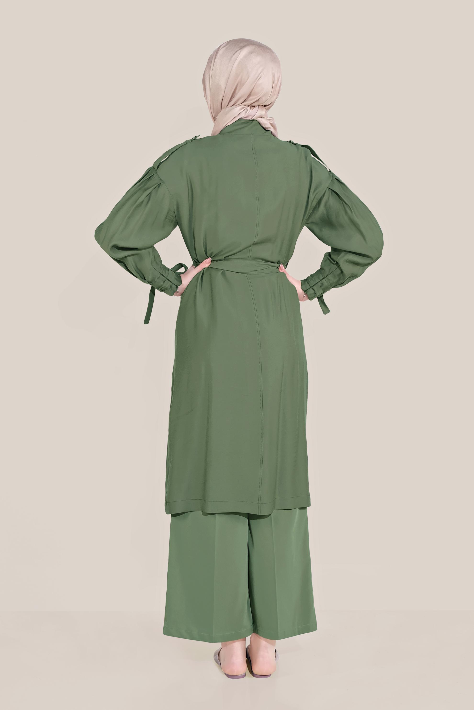 Tesettür giyim HAKİ KUŞAKLI FERMUARLI TRENÇKOT 10192