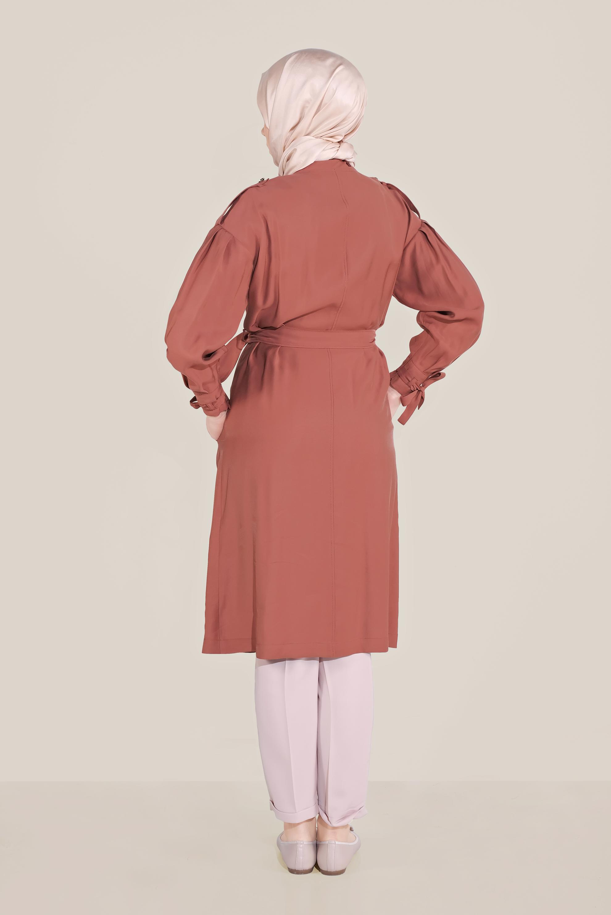 Tesettür giyim TURUNCU KUŞAKLI FERMUARLI TRENÇKOT 10192