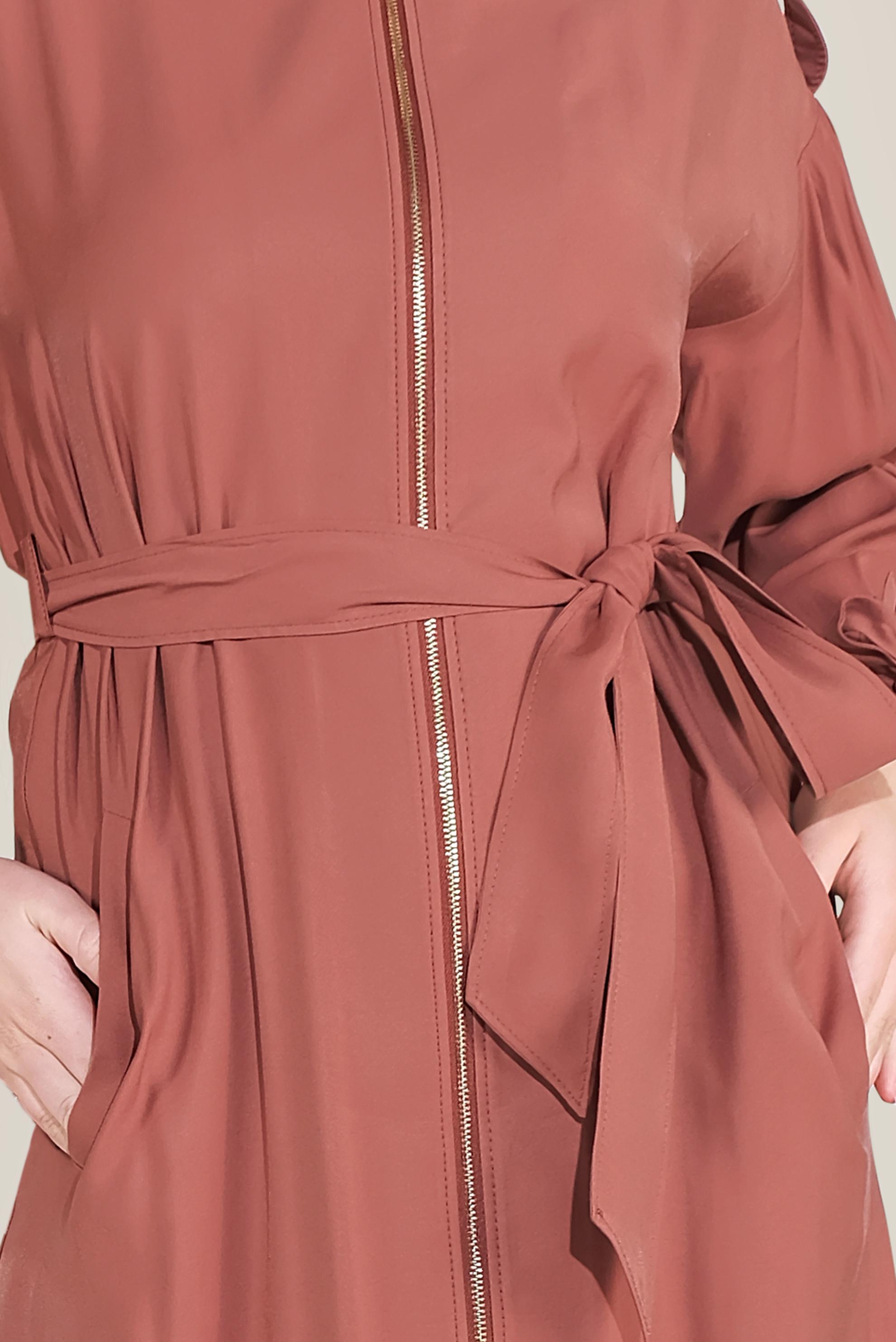 Tesettür giyim TURUNCU KUŞAKLI FERMUARLI TRENÇKOT 10192