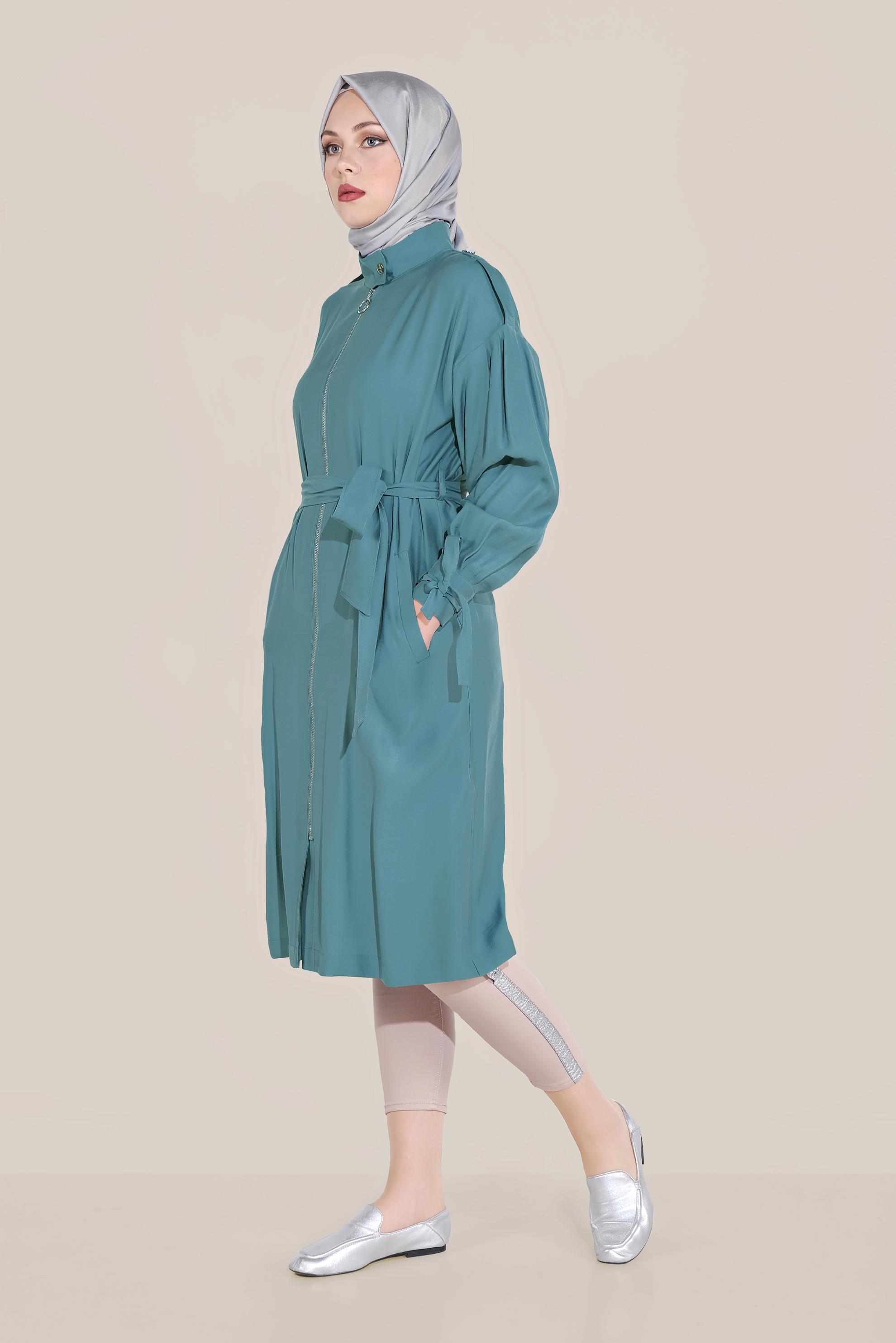 Tesettür giyim MAVİ KUŞAKLI FERMUARLI TRENÇKOT 10192