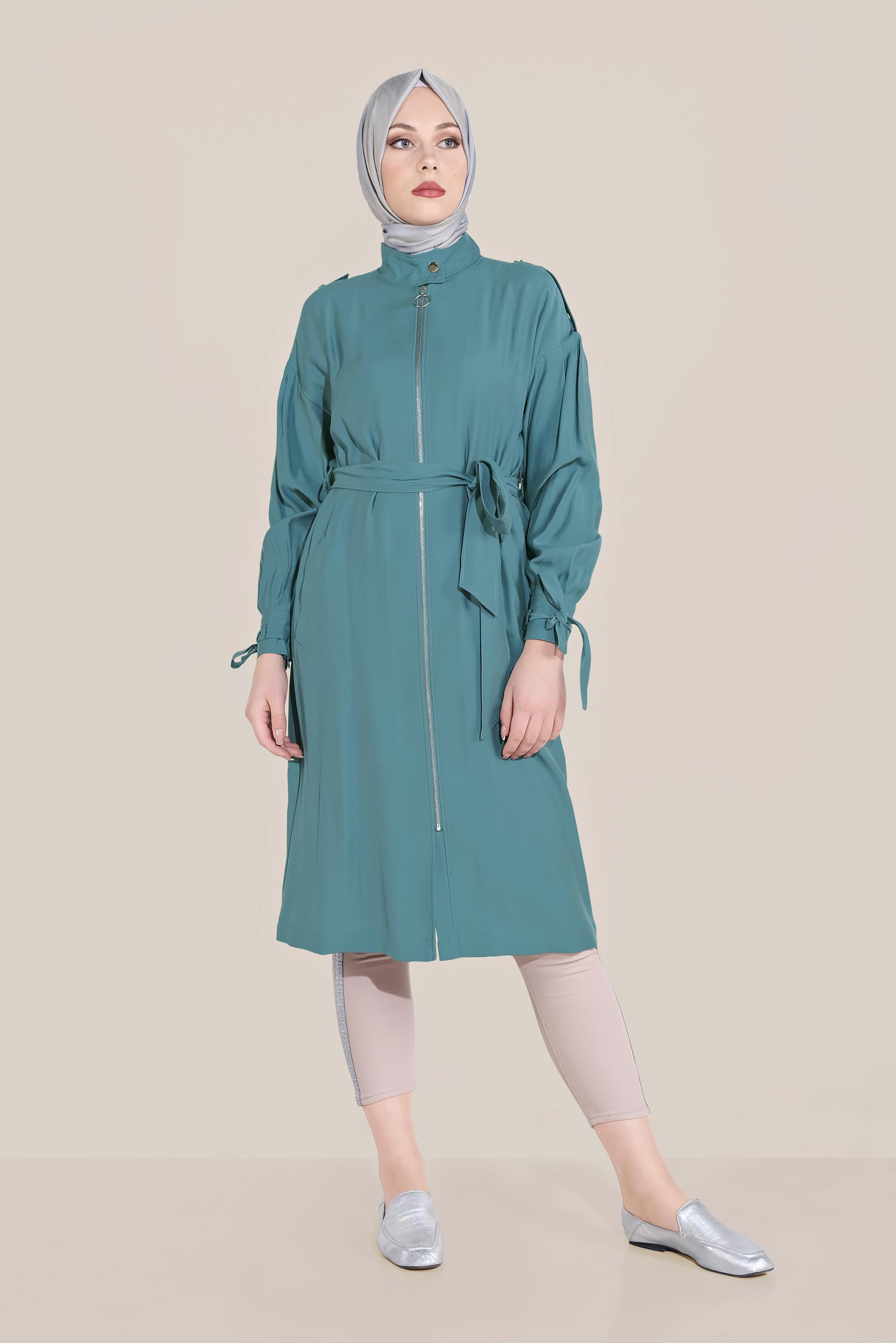 Tesettür giyim MAVİ KUŞAKLI FERMUARLI TRENÇKOT 10192