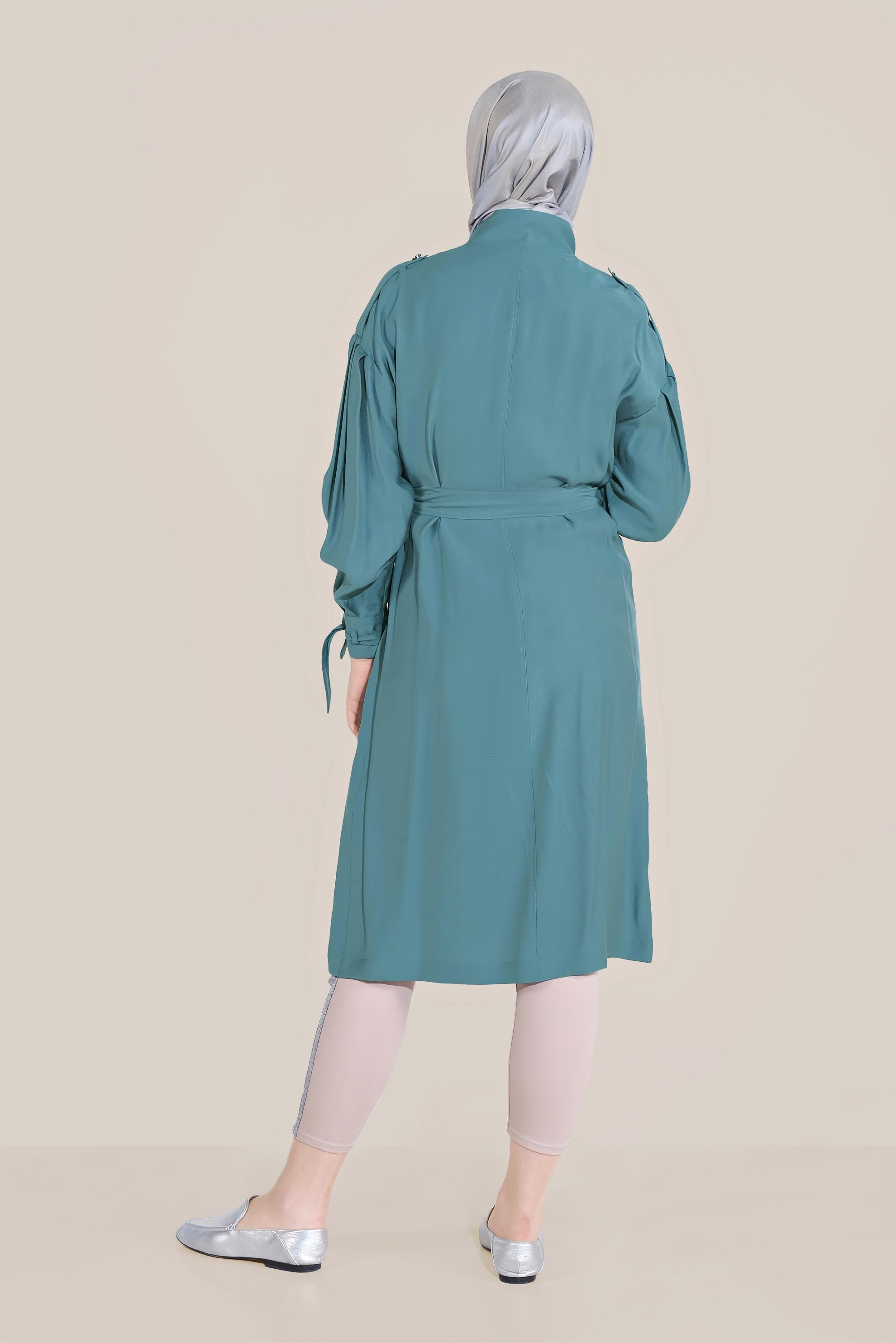 Tesettür giyim MAVİ KUŞAKLI FERMUARLI TRENÇKOT 10192