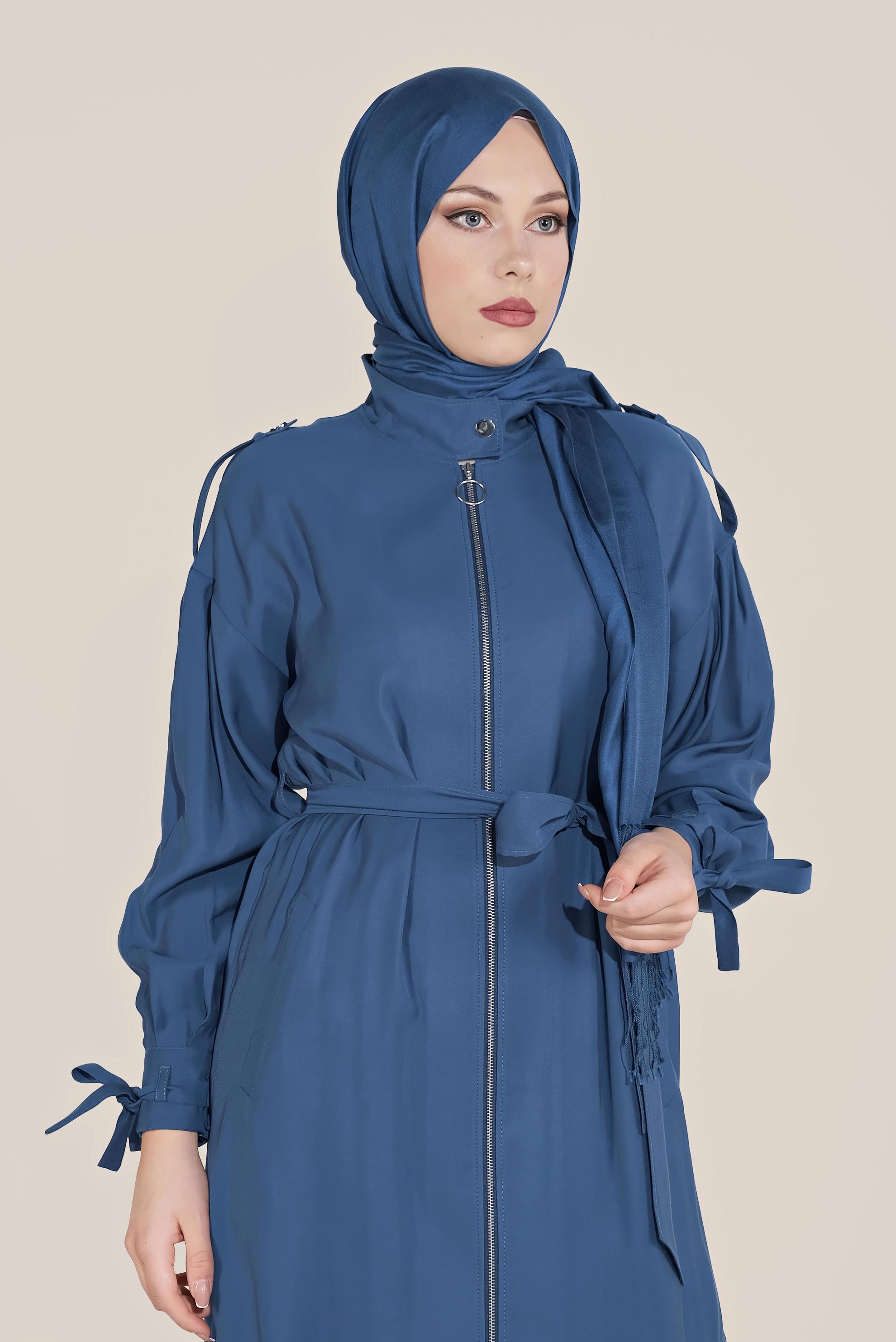 Tesettür giyim LACİVERT KUŞAKLI FERMUARLI TRENÇKOT 10192