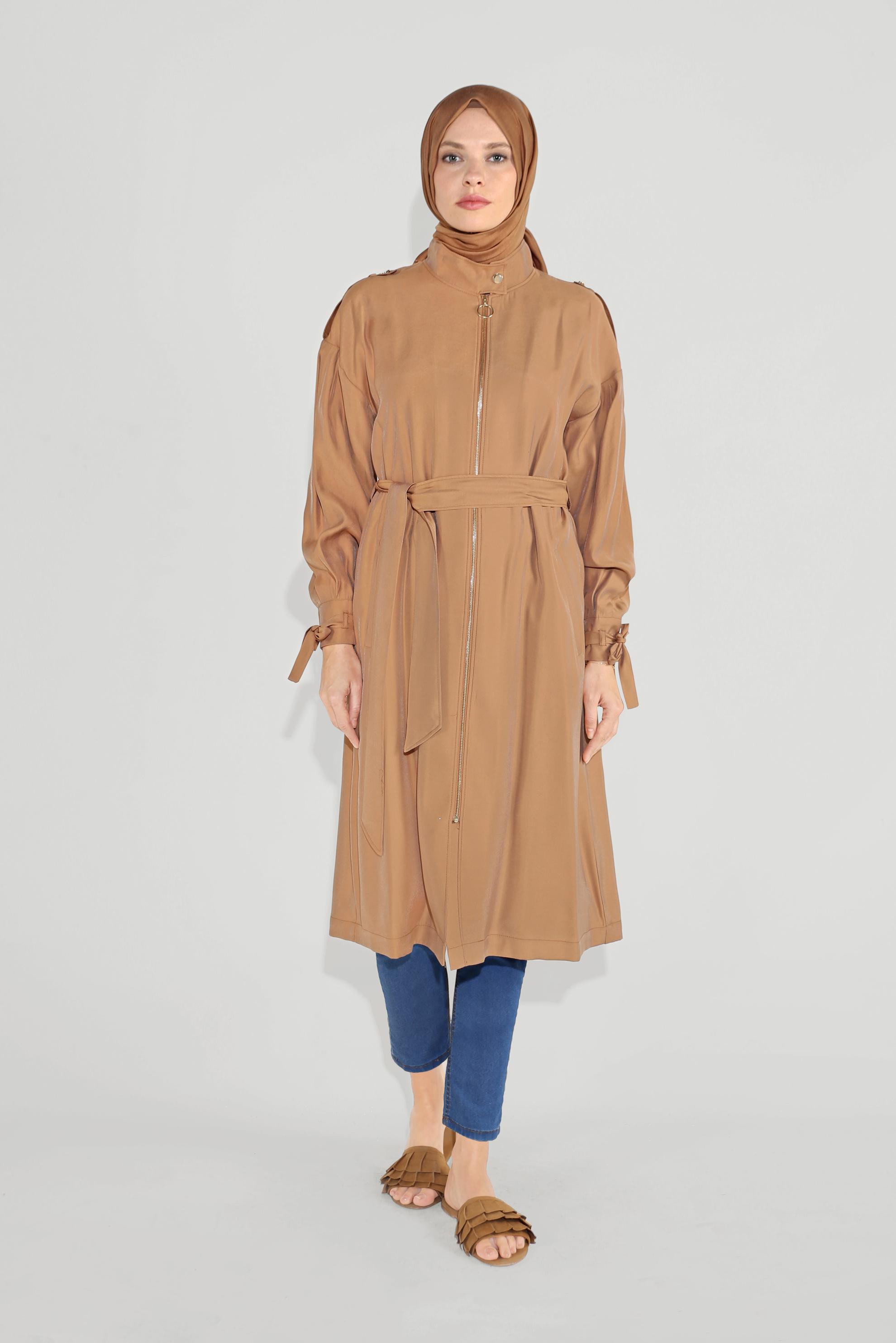 Tesettür giyim SARI KUŞAKLI FERMUARLI TRENÇKOT 10192