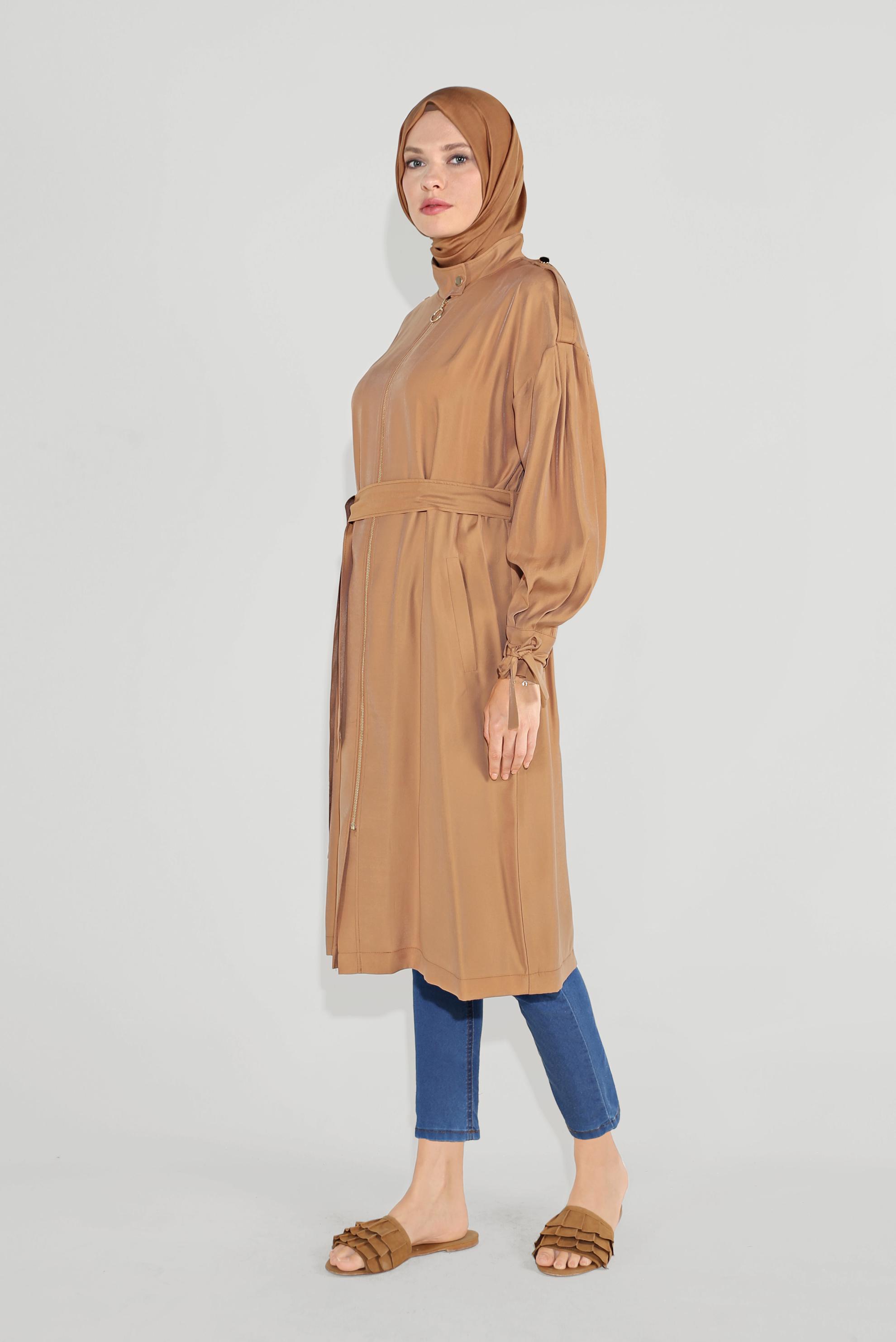 Tesettür giyim SARI KUŞAKLI FERMUARLI TRENÇKOT 10192