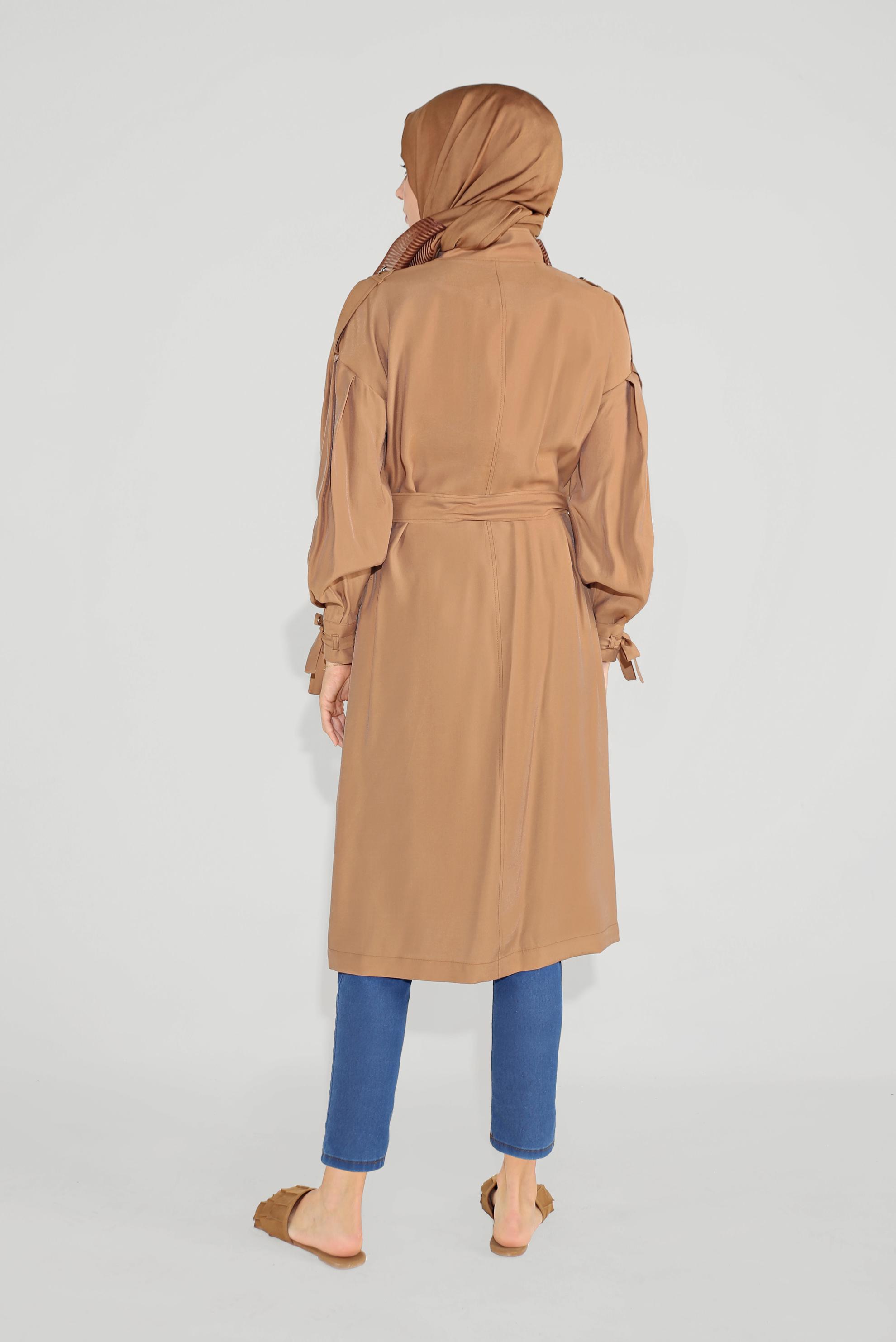 Tesettür giyim SARI KUŞAKLI FERMUARLI TRENÇKOT 10192