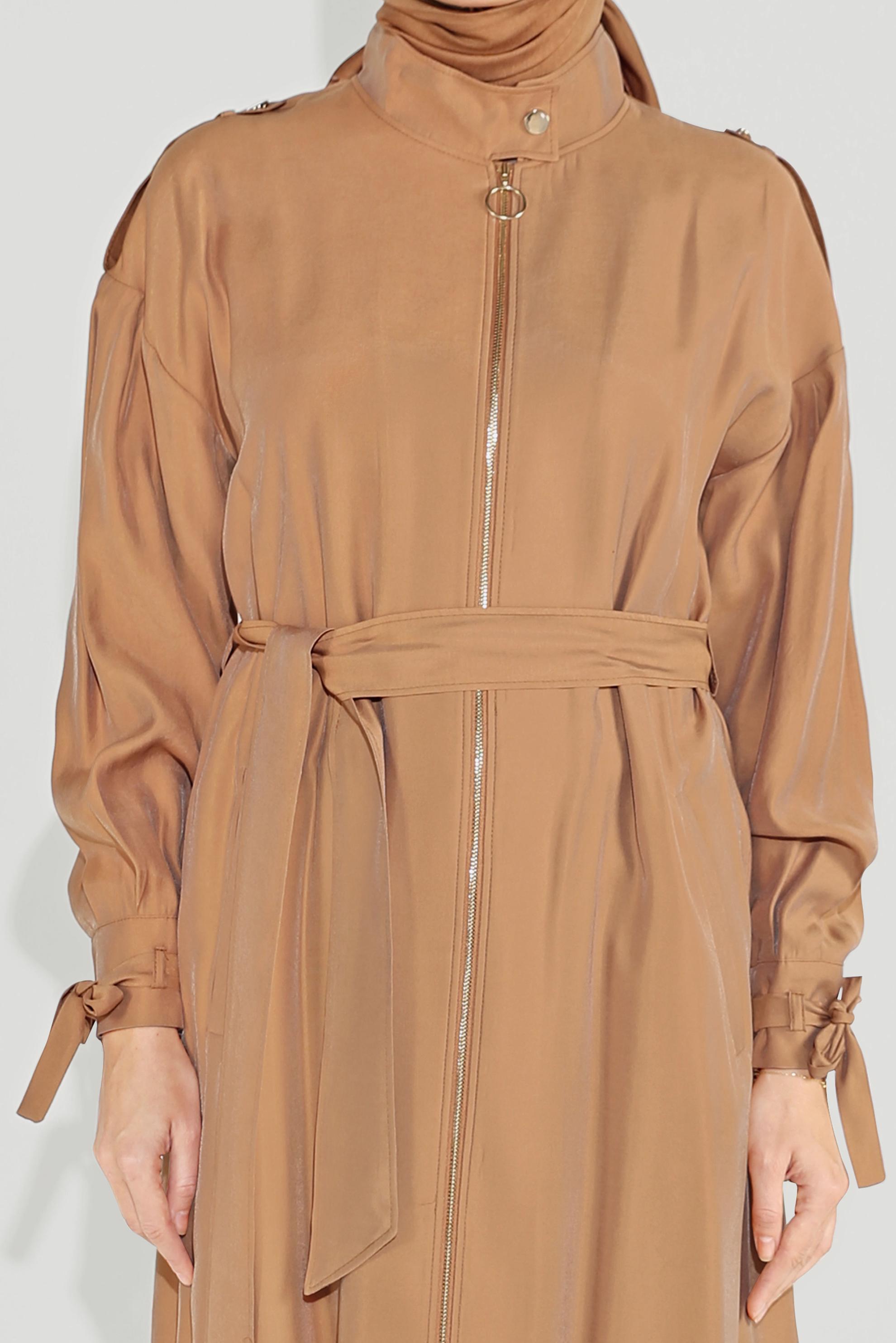 Tesettür giyim SARI KUŞAKLI FERMUARLI TRENÇKOT 10192