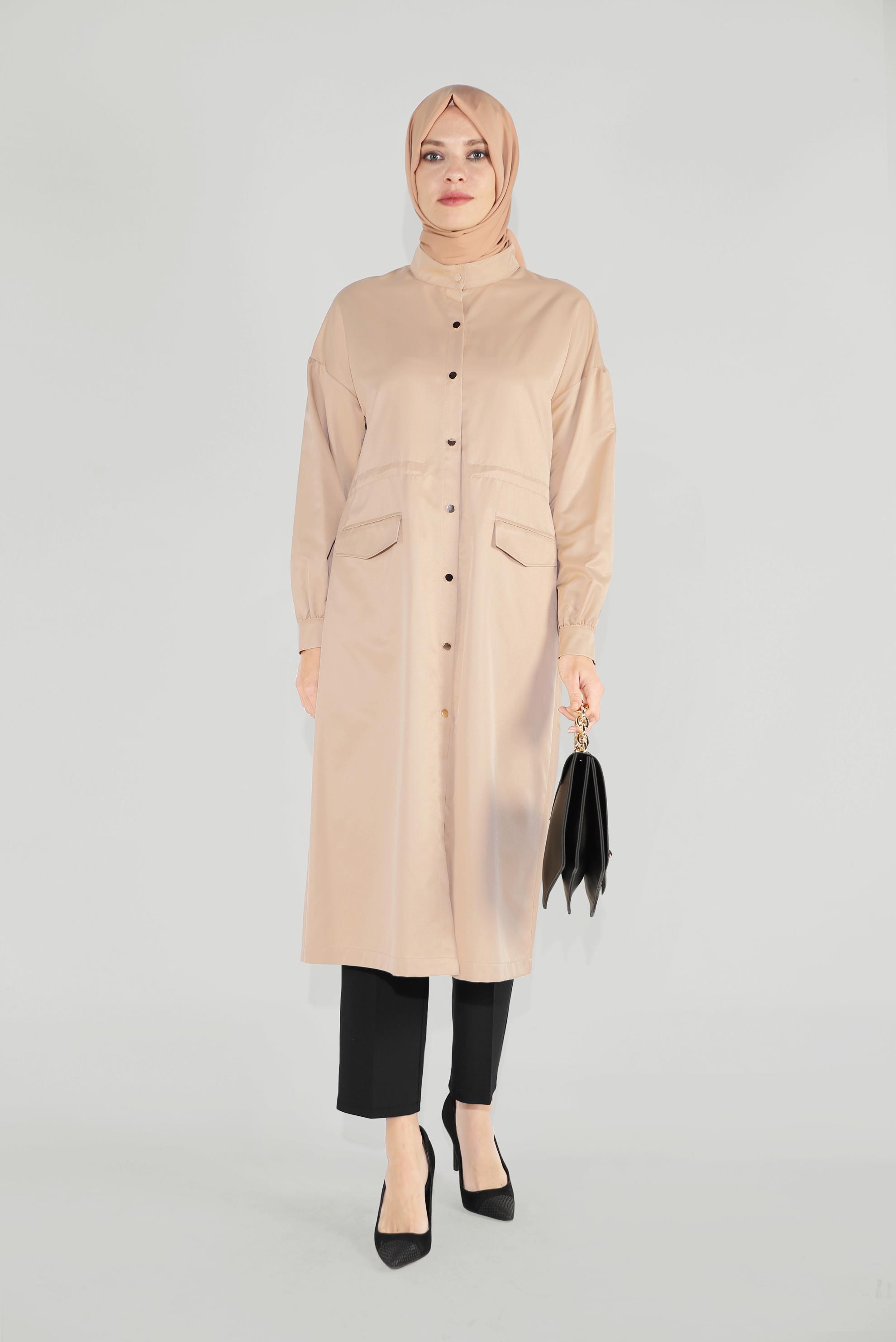 Tesettür giyim BEJ HAKİM YAKA BALON KOL ÇITÇITLI TRENÇKOT 10193