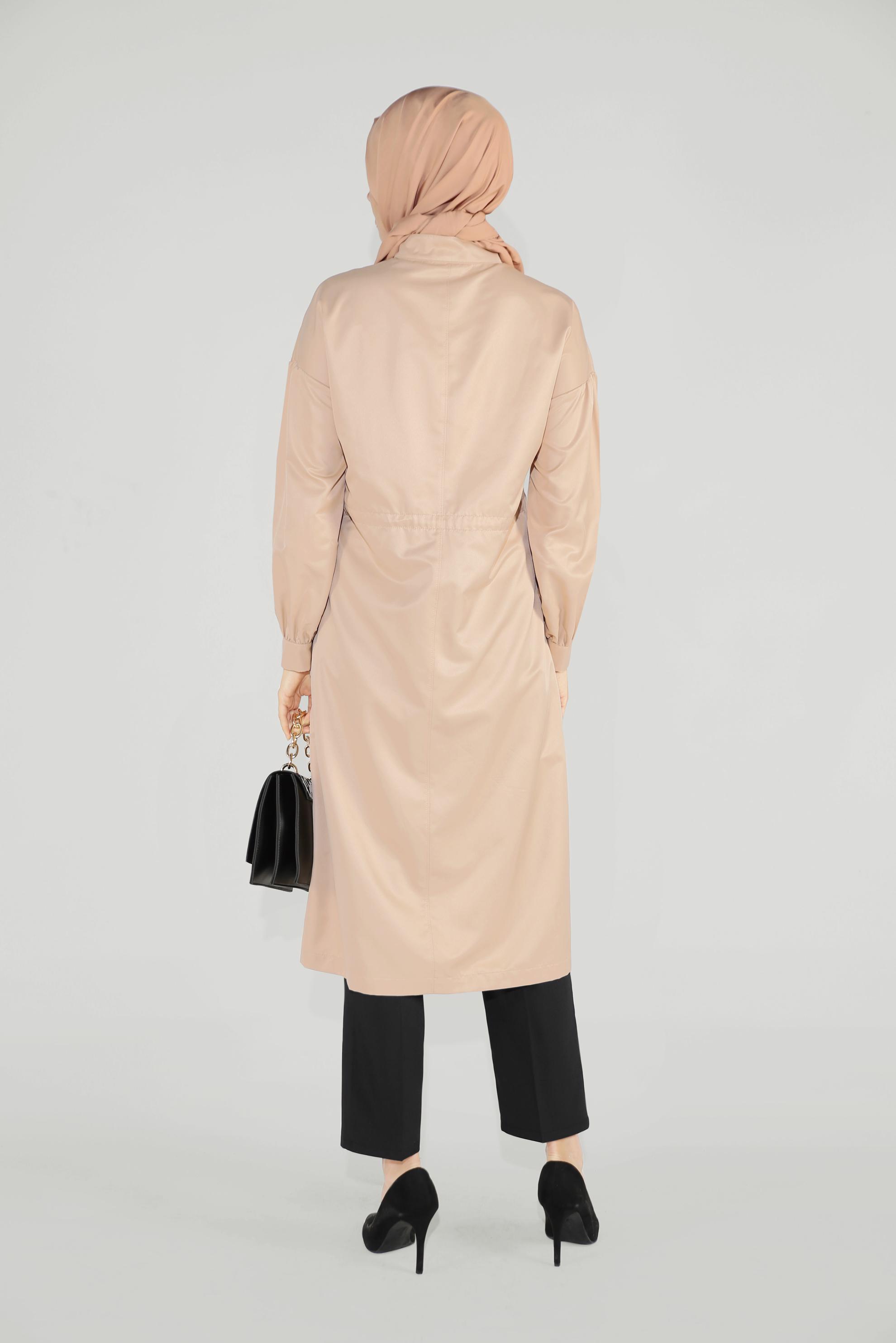 Tesettür giyim BEJ HAKİM YAKA BALON KOL ÇITÇITLI TRENÇKOT 10193