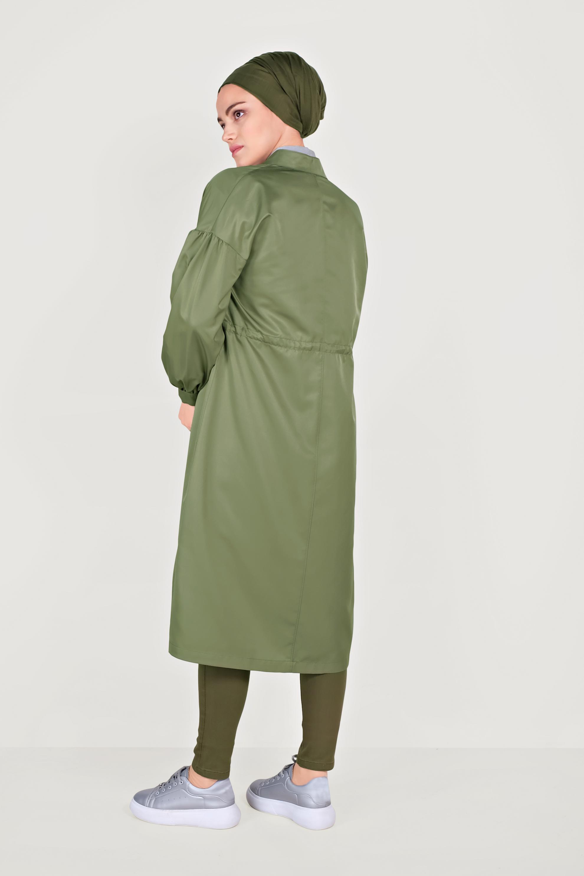 Tesettür giyim HAKİ HAKİM YAKA BALON KOL ÇITÇITLI TRENÇKOT 10193