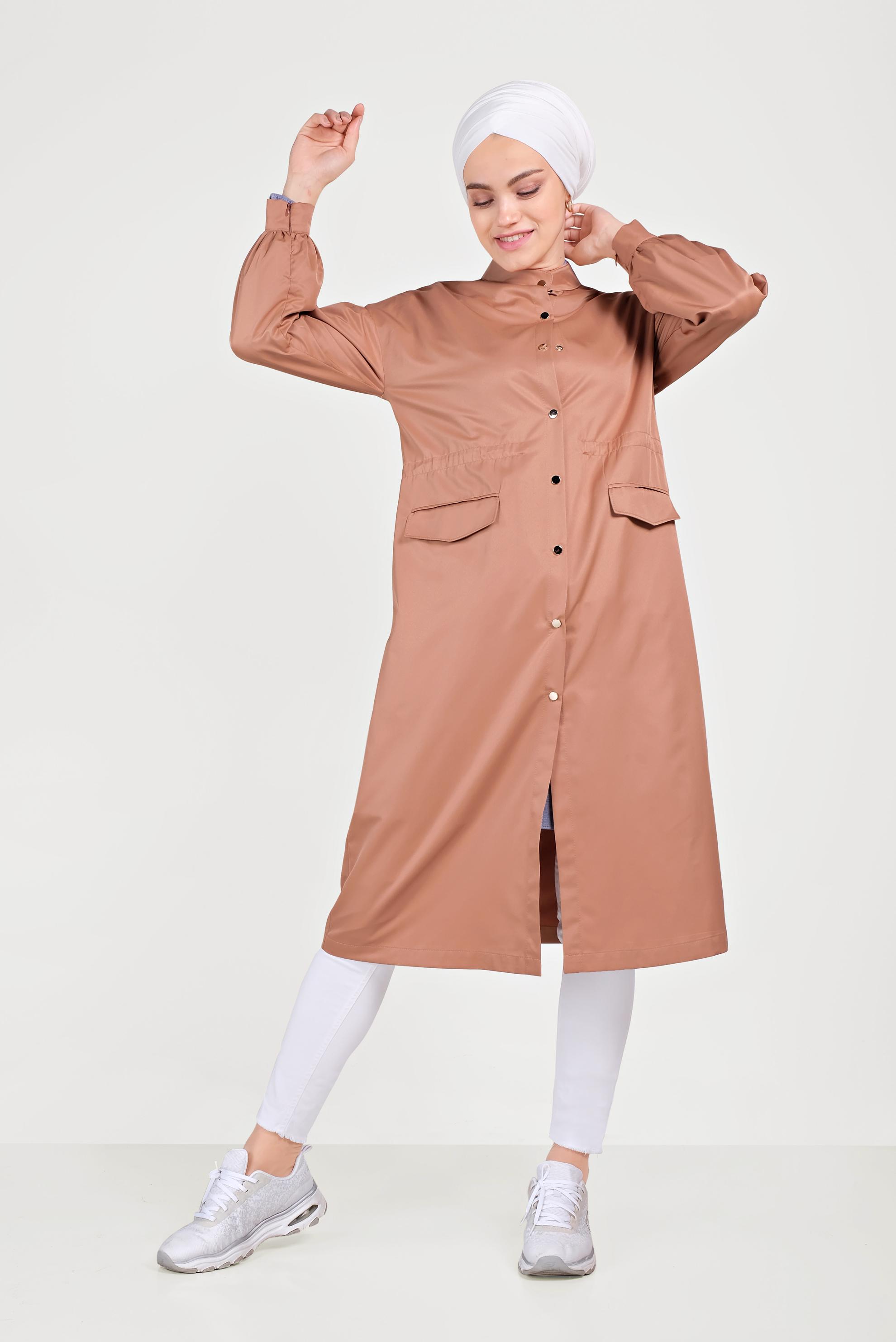 Tesettür giyim PEMBE HAKİM YAKA BALON KOL ÇITÇITLI TRENÇKOT 10193