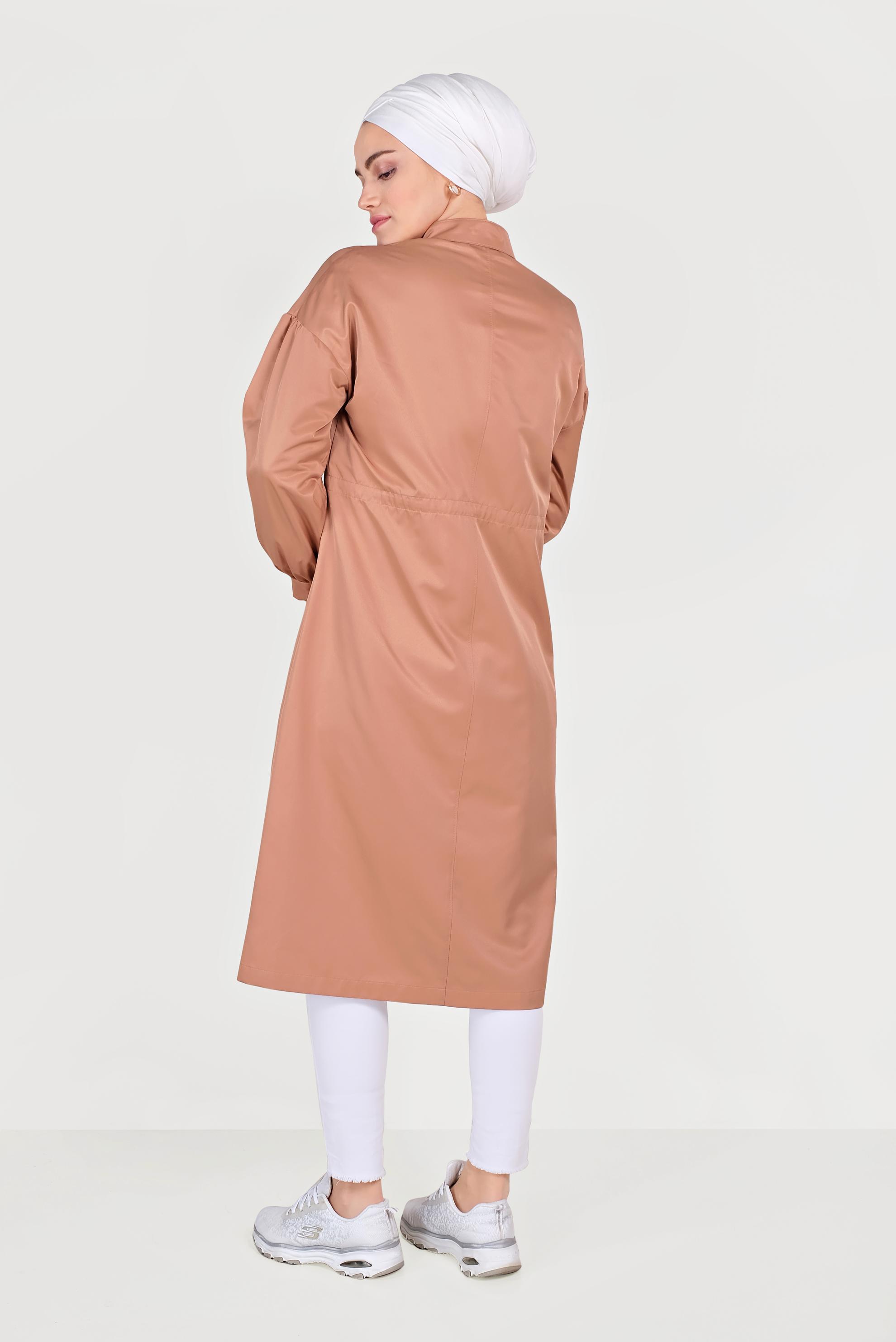 Tesettür giyim PEMBE HAKİM YAKA BALON KOL ÇITÇITLI TRENÇKOT 10193