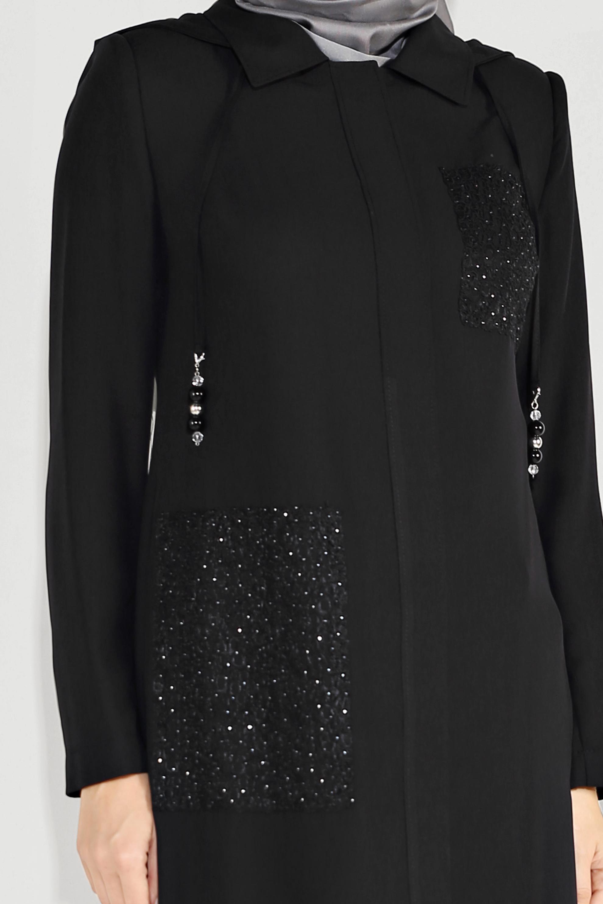 Tesettür giyim SİYAH CEPLERİ İŞLEMELİ KAPÜŞONLU TRENÇKOT 10194