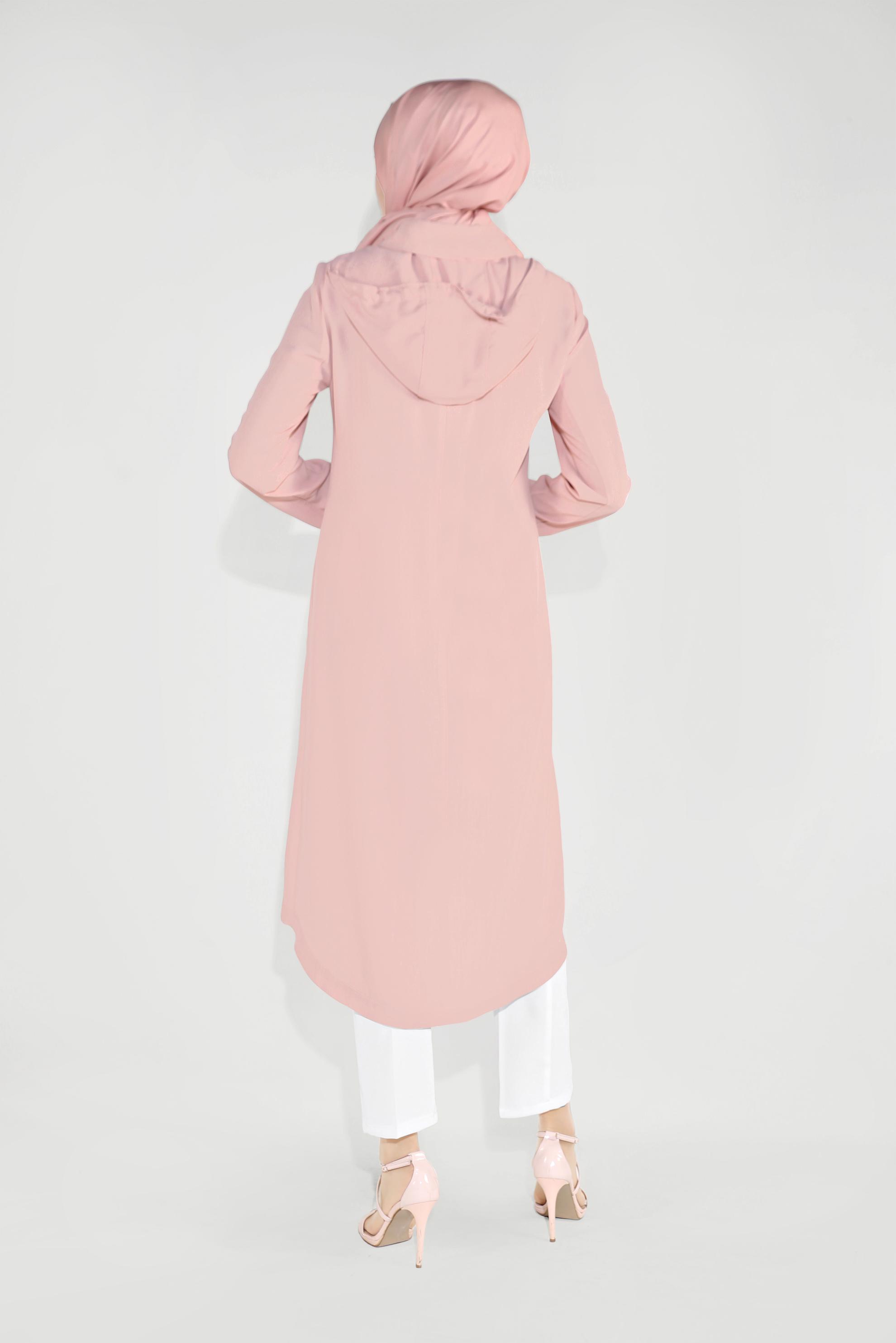Tesettür giyim PUDRA CEPLERİ İŞLEMELİ KAPÜŞONLU TRENÇKOT 10194