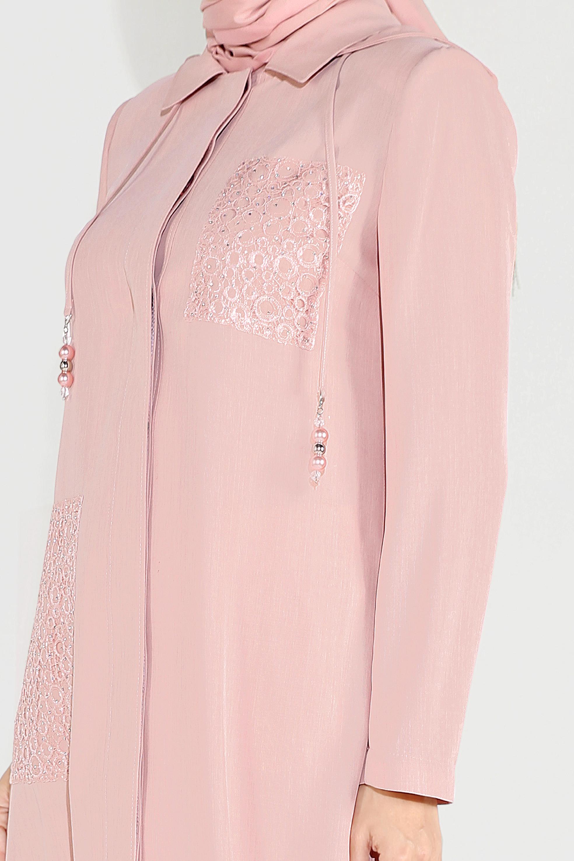 Tesettür giyim PUDRA CEPLERİ İŞLEMELİ KAPÜŞONLU TRENÇKOT 10194