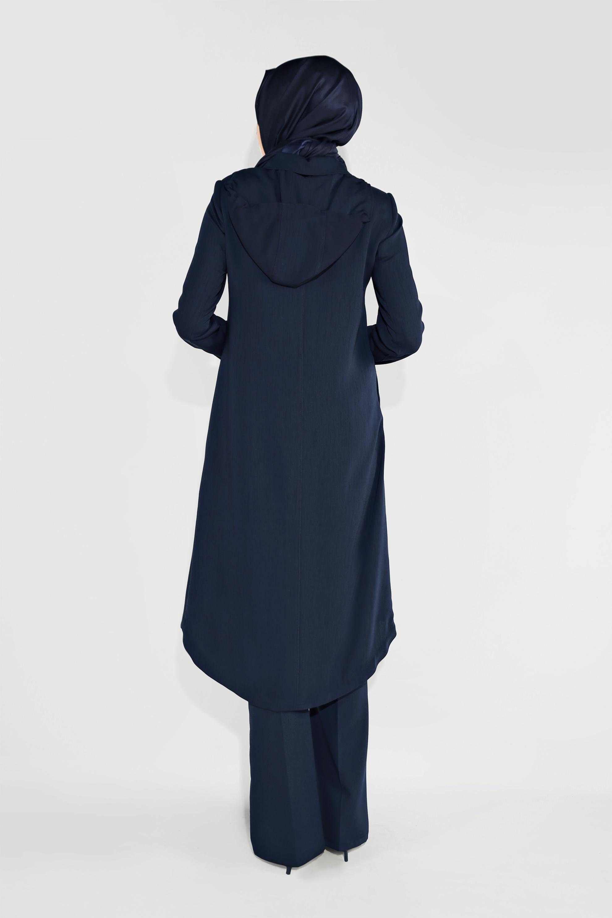 Tesettür giyim LACİVERT CEPLERİ İŞLEMELİ KAPÜŞONLU TRENÇKOT 10194