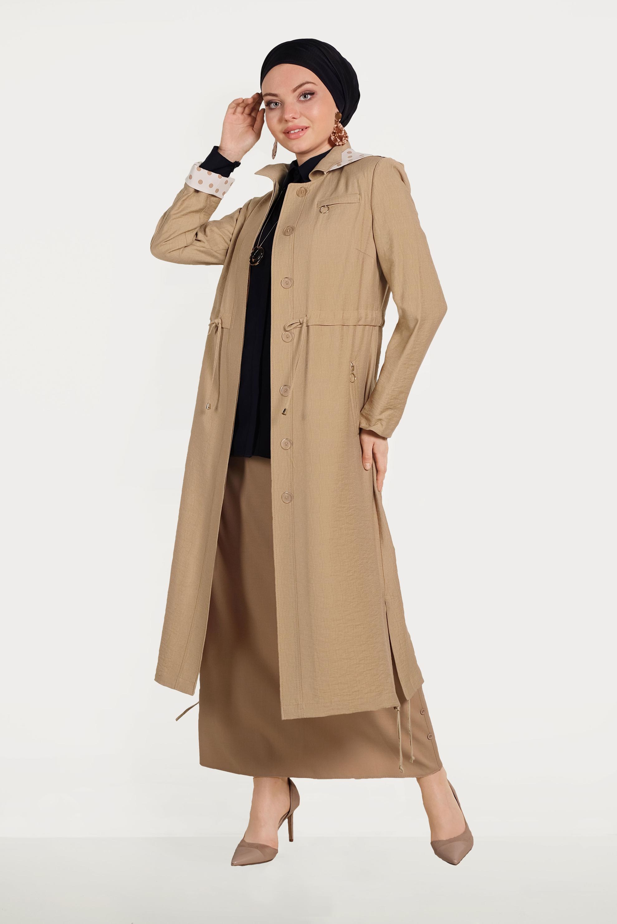 Tesettür giyim KAHVE ASTARI PUANTİYELİ DÜĞMELİ TRENÇKOT 10197