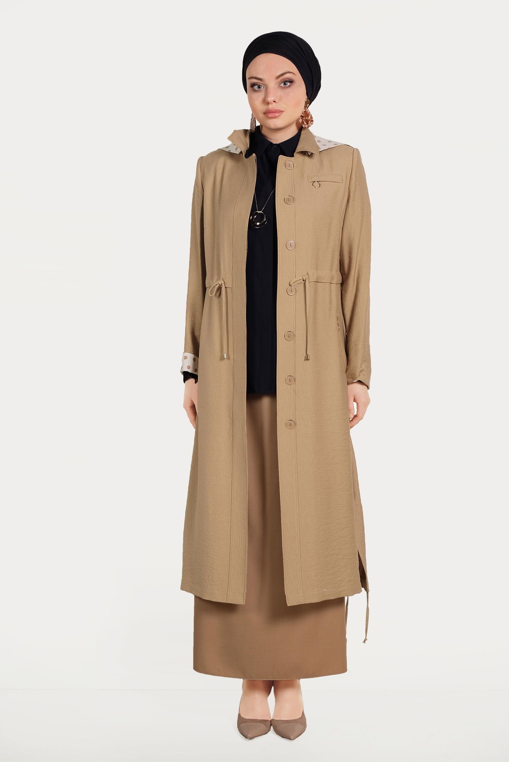 Tesettür giyim KAHVE ASTARI PUANTİYELİ DÜĞMELİ TRENÇKOT 10197