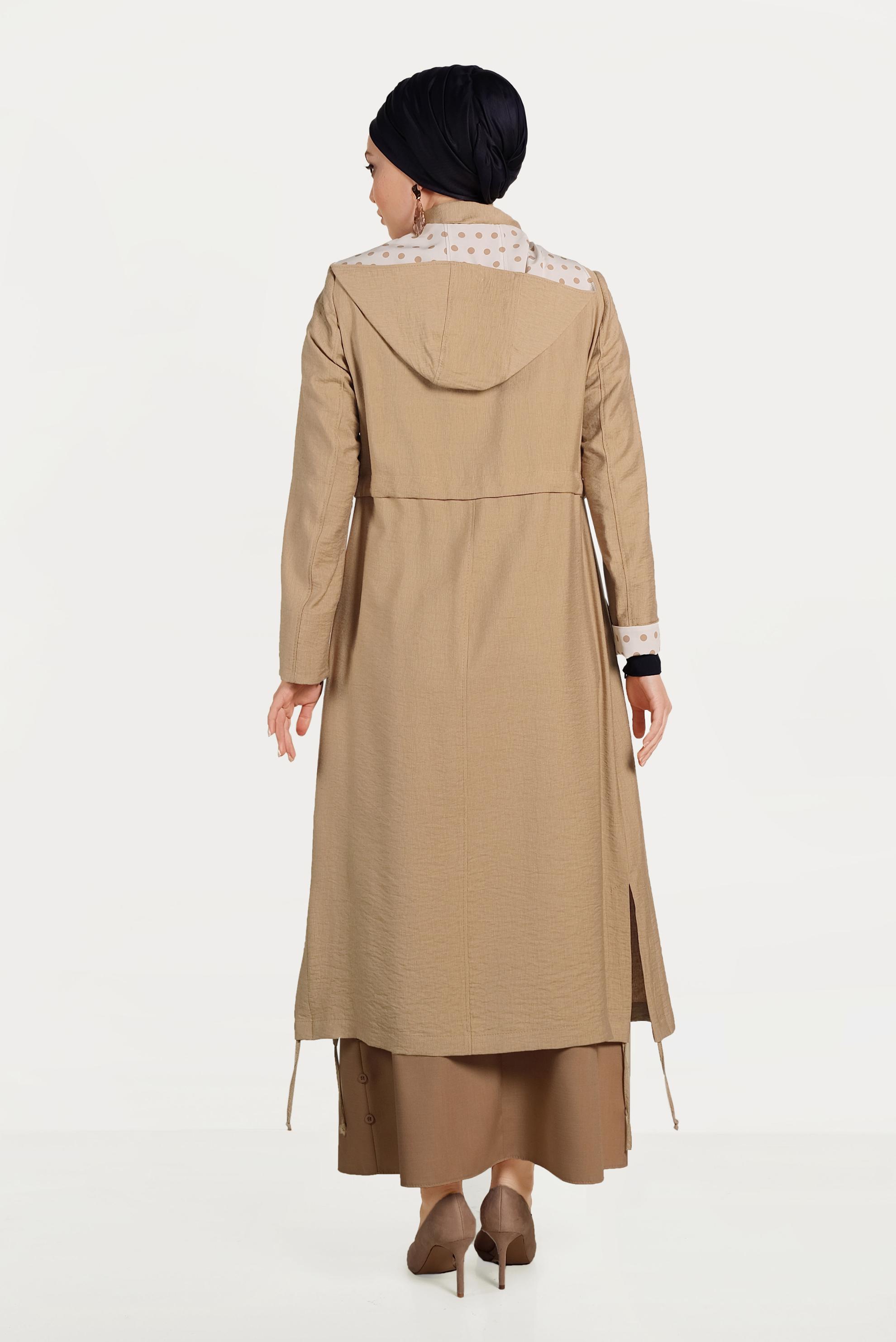 Tesettür giyim KAHVE ASTARI PUANTİYELİ DÜĞMELİ TRENÇKOT 10197