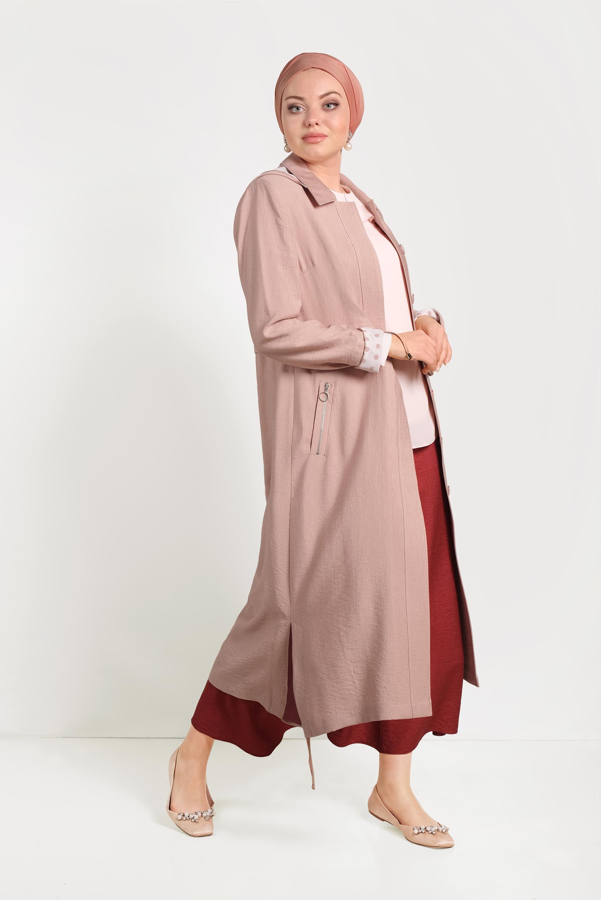 Tesettür giyim PUDRA ASTARI PUANTİYELİ DÜĞMELİ TRENÇKOT 10197