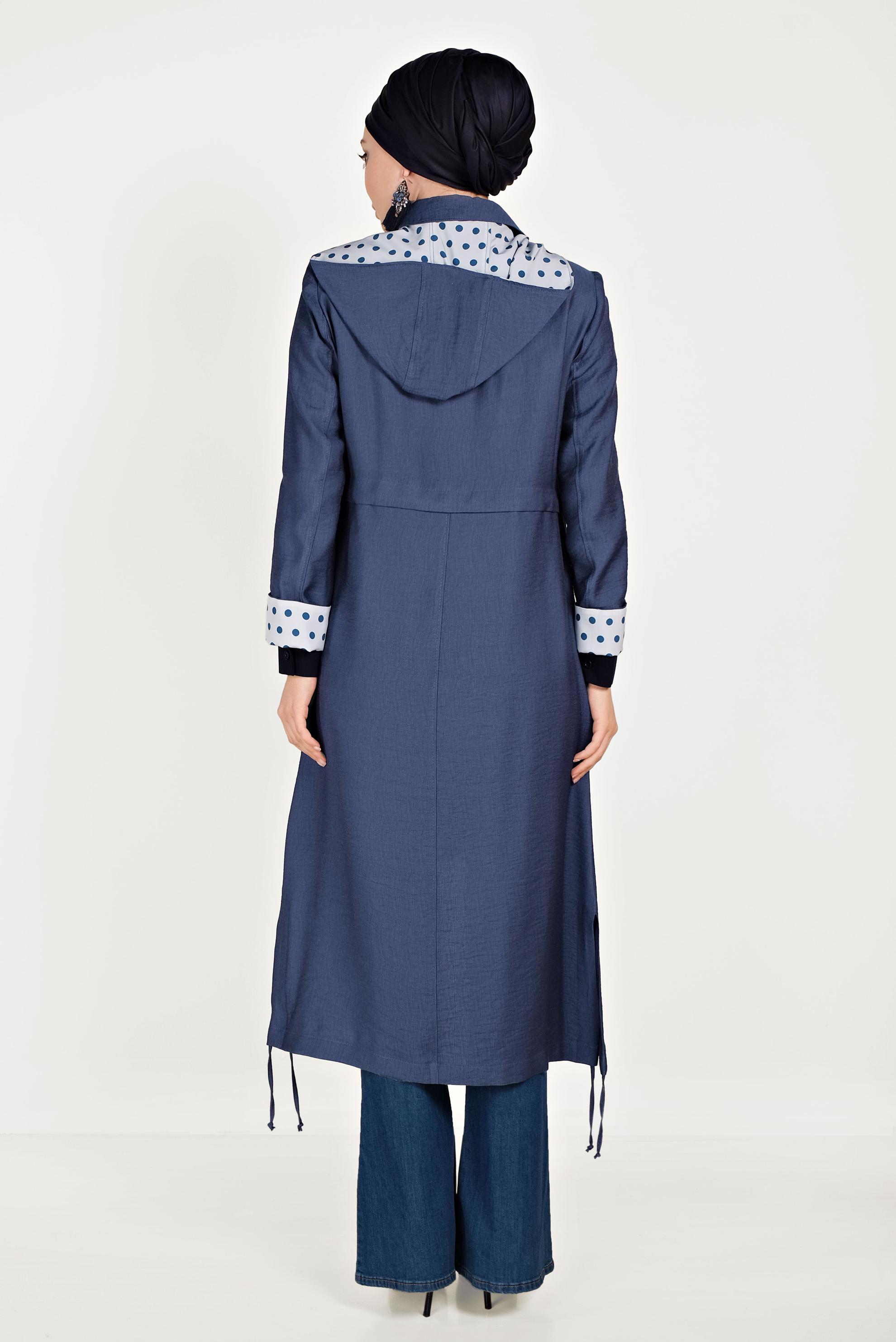 Tesettür giyim LACİVERT ASTARI PUANTİYELİ DÜĞMELİ TRENÇKOT 10197