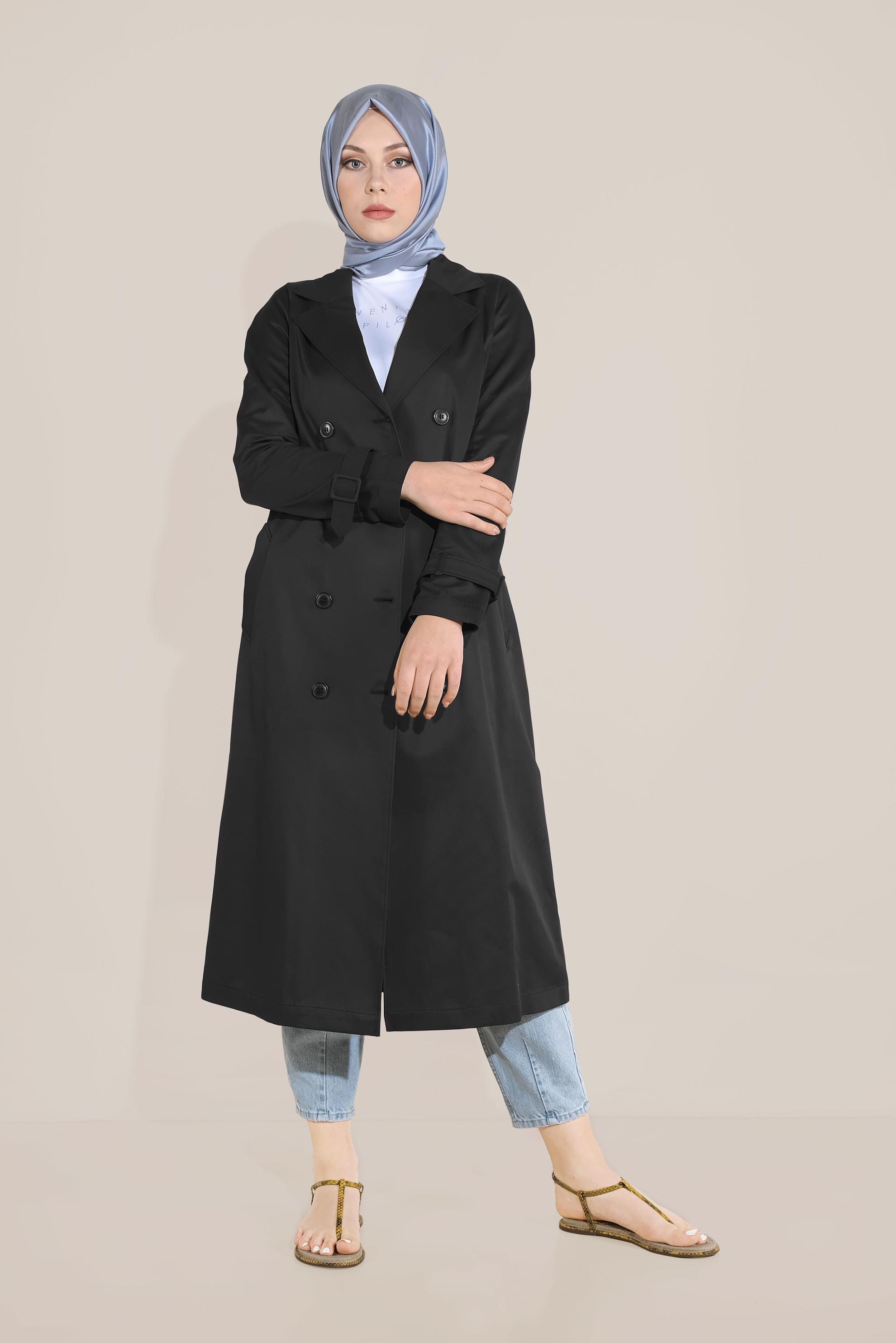 Tesettür giyim SİYAH KRUVAZE DÜĞMELİ TRENÇKOT 10198