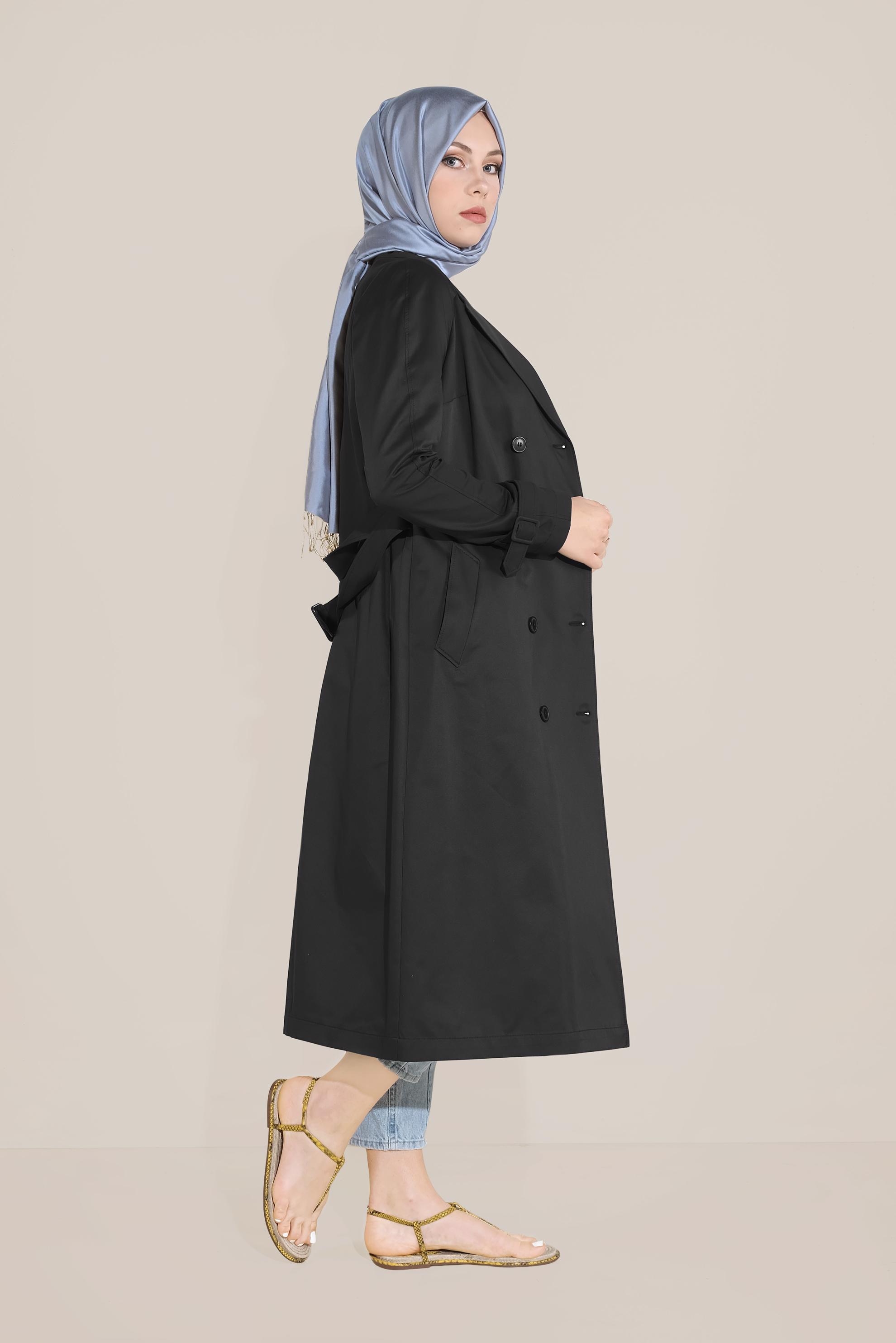 Tesettür giyim SİYAH KRUVAZE DÜĞMELİ TRENÇKOT 10198