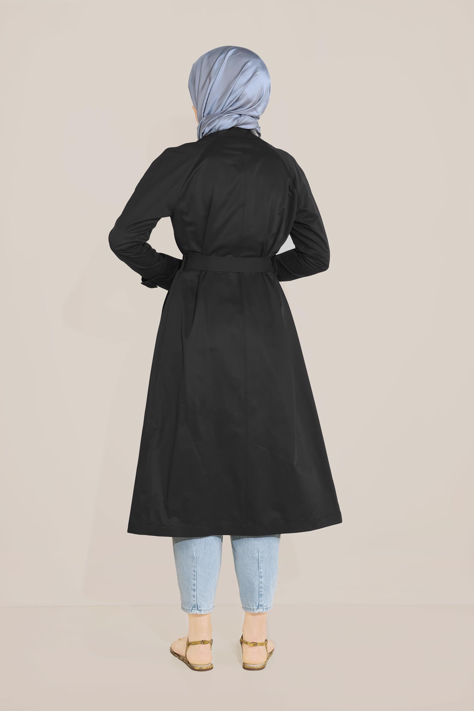 Tesettür giyim SİYAH KRUVAZE DÜĞMELİ TRENÇKOT 10198