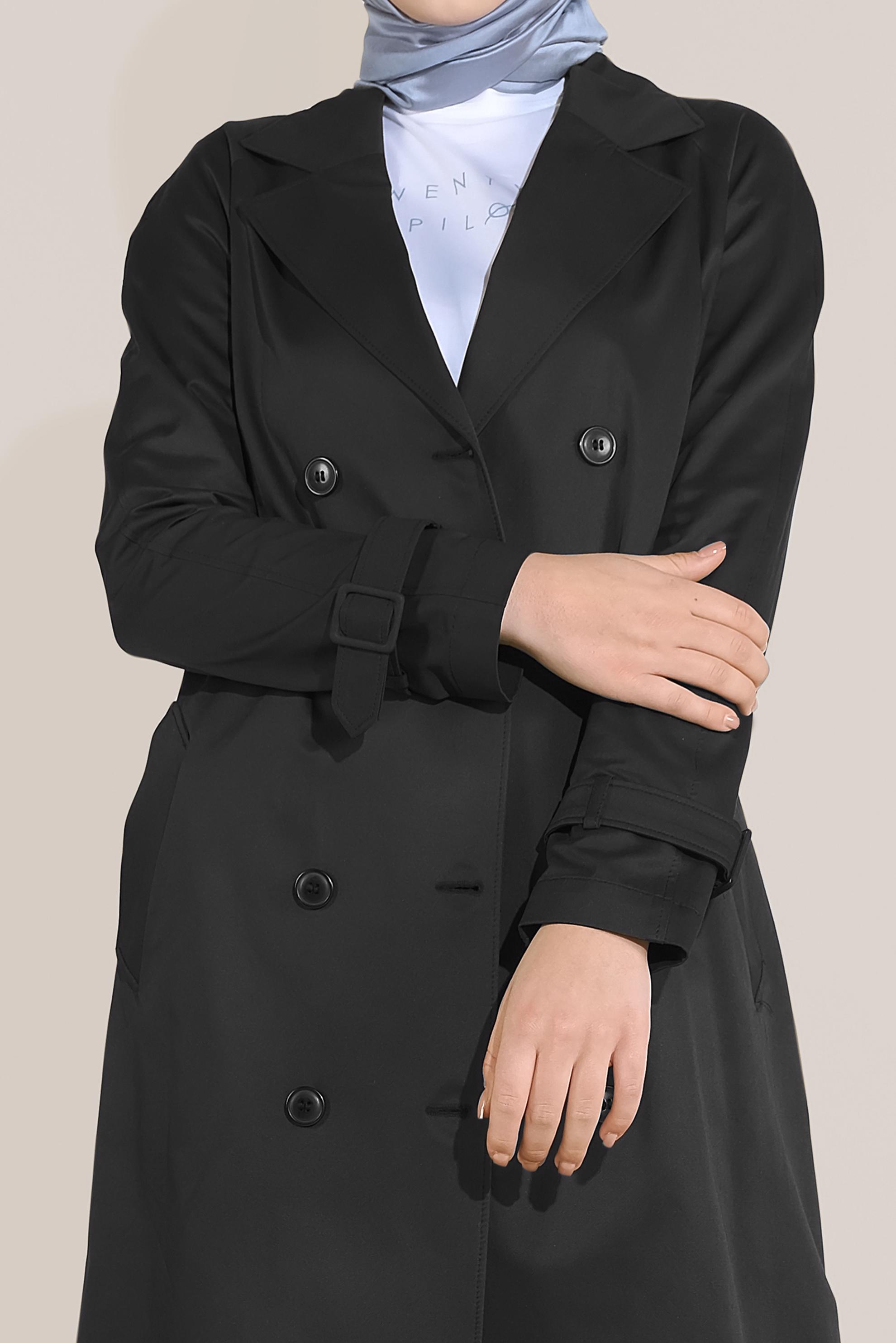 Tesettür giyim SİYAH KRUVAZE DÜĞMELİ TRENÇKOT 10198