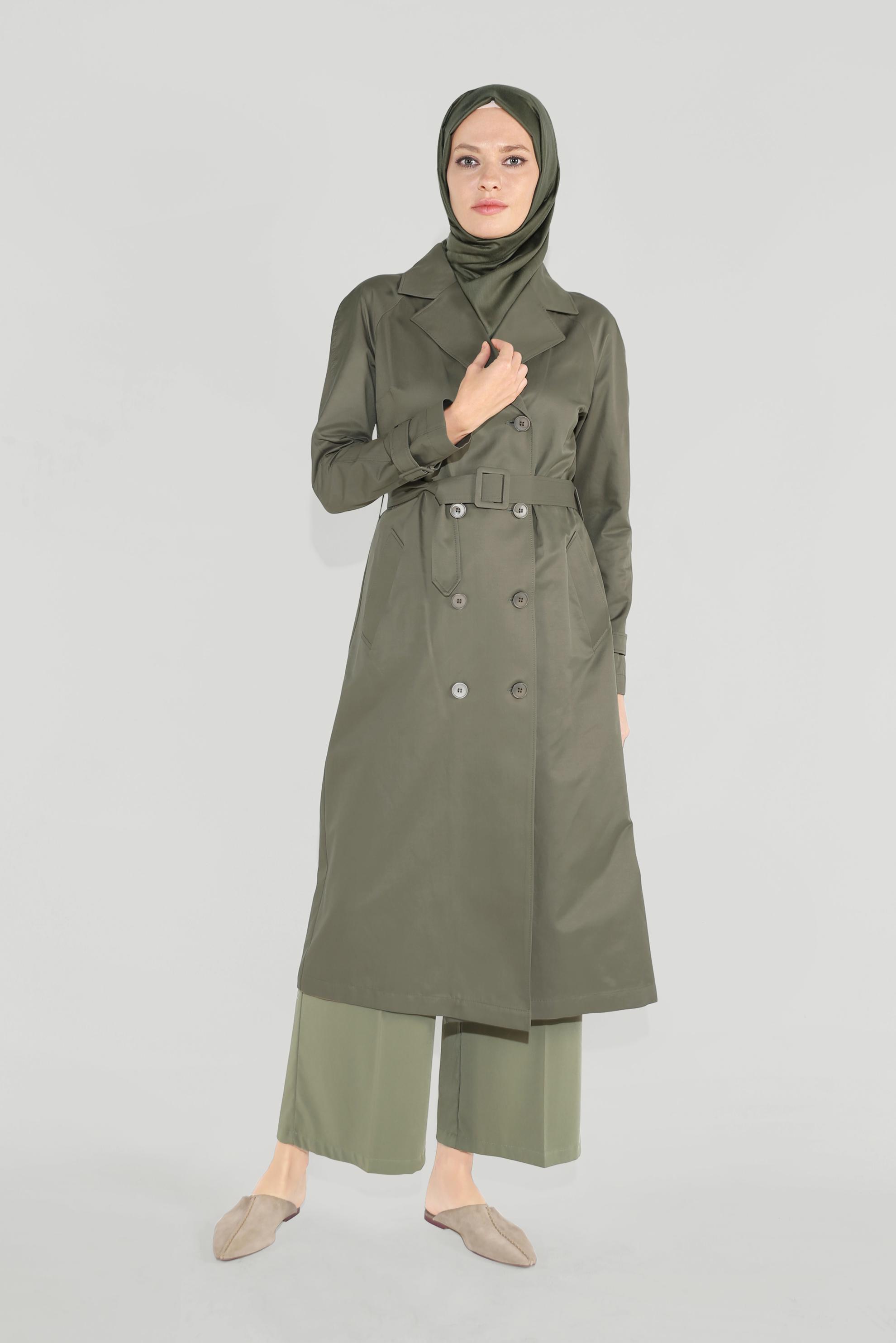 Tesettür giyim HAKİ KRUVAZE DÜĞMELİ TRENÇKOT 10198