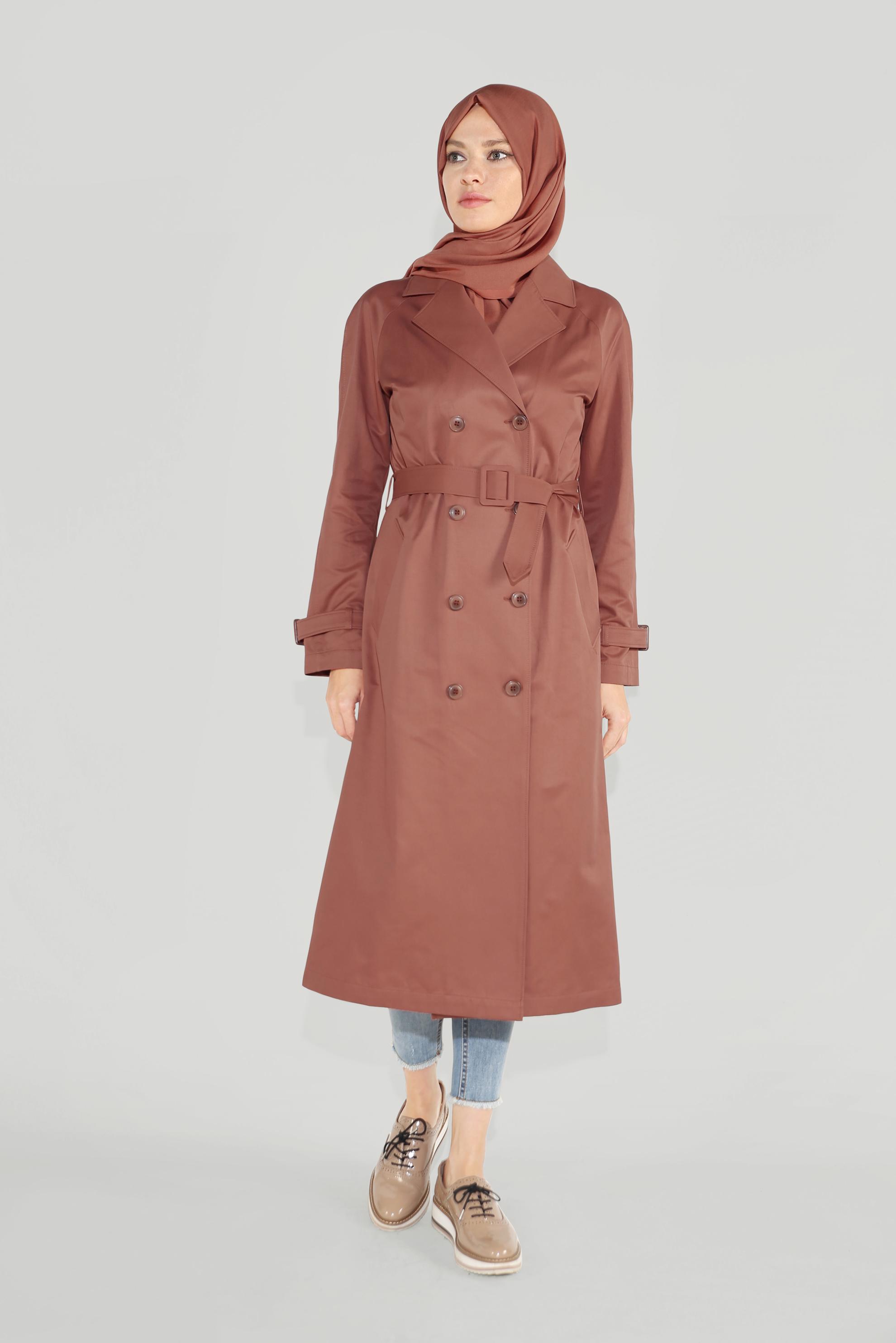 Tesettür giyim TURUNCU KRUVAZE DÜĞMELİ TRENÇKOT 10198