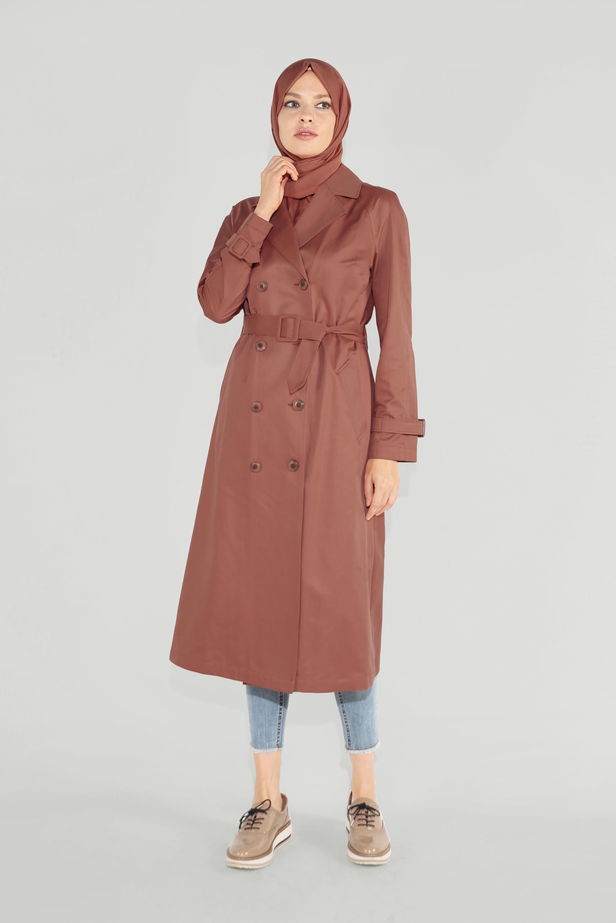 Tesettür giyim TURUNCU KRUVAZE DÜĞMELİ TRENÇKOT 10198