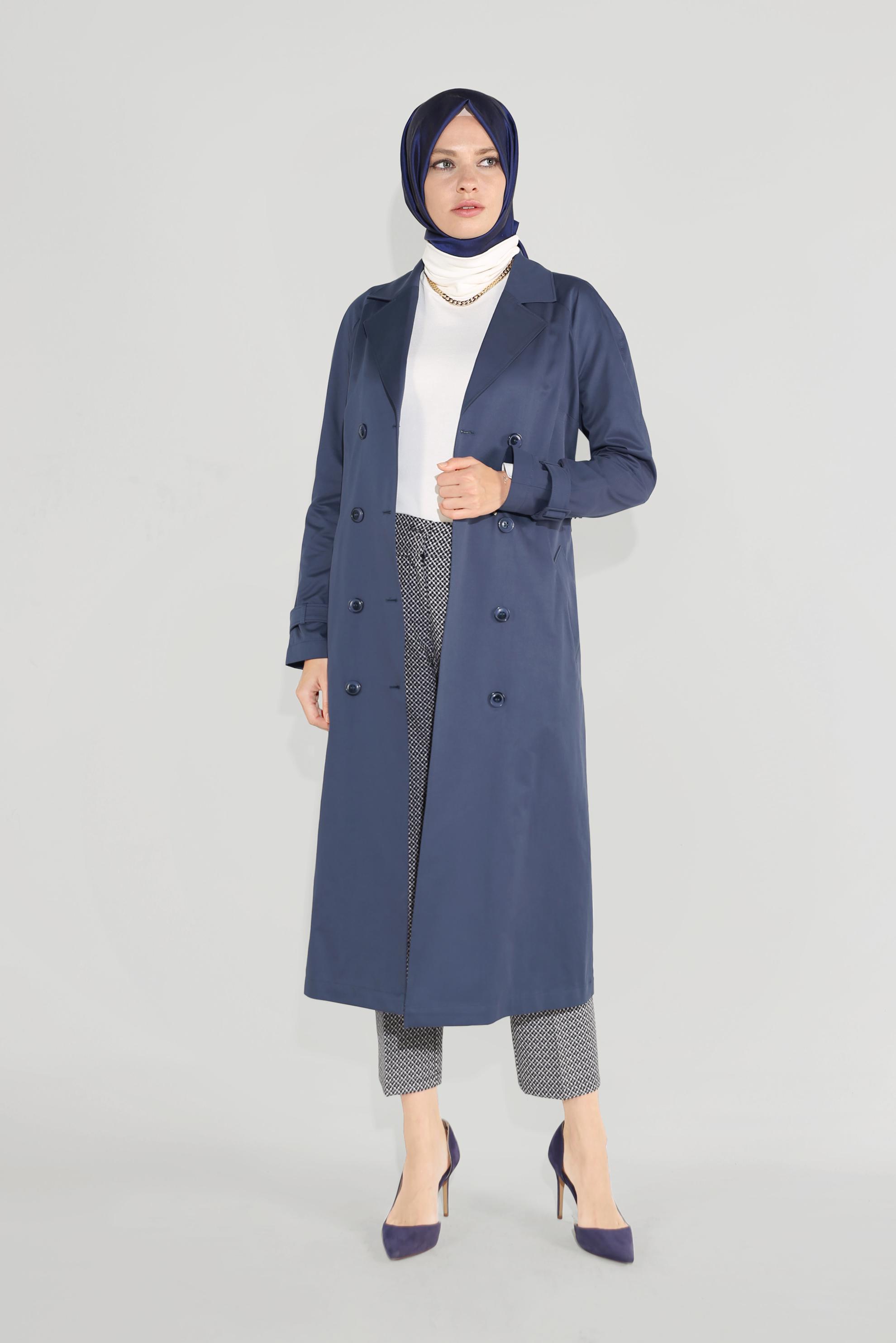 Tesettür giyim LACİVERT KRUVAZE DÜĞMELİ TRENÇKOT 10198