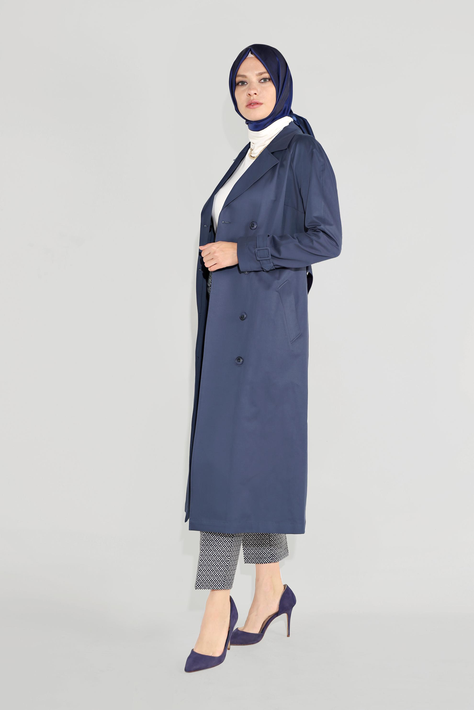 Tesettür giyim LACİVERT KRUVAZE DÜĞMELİ TRENÇKOT 10198