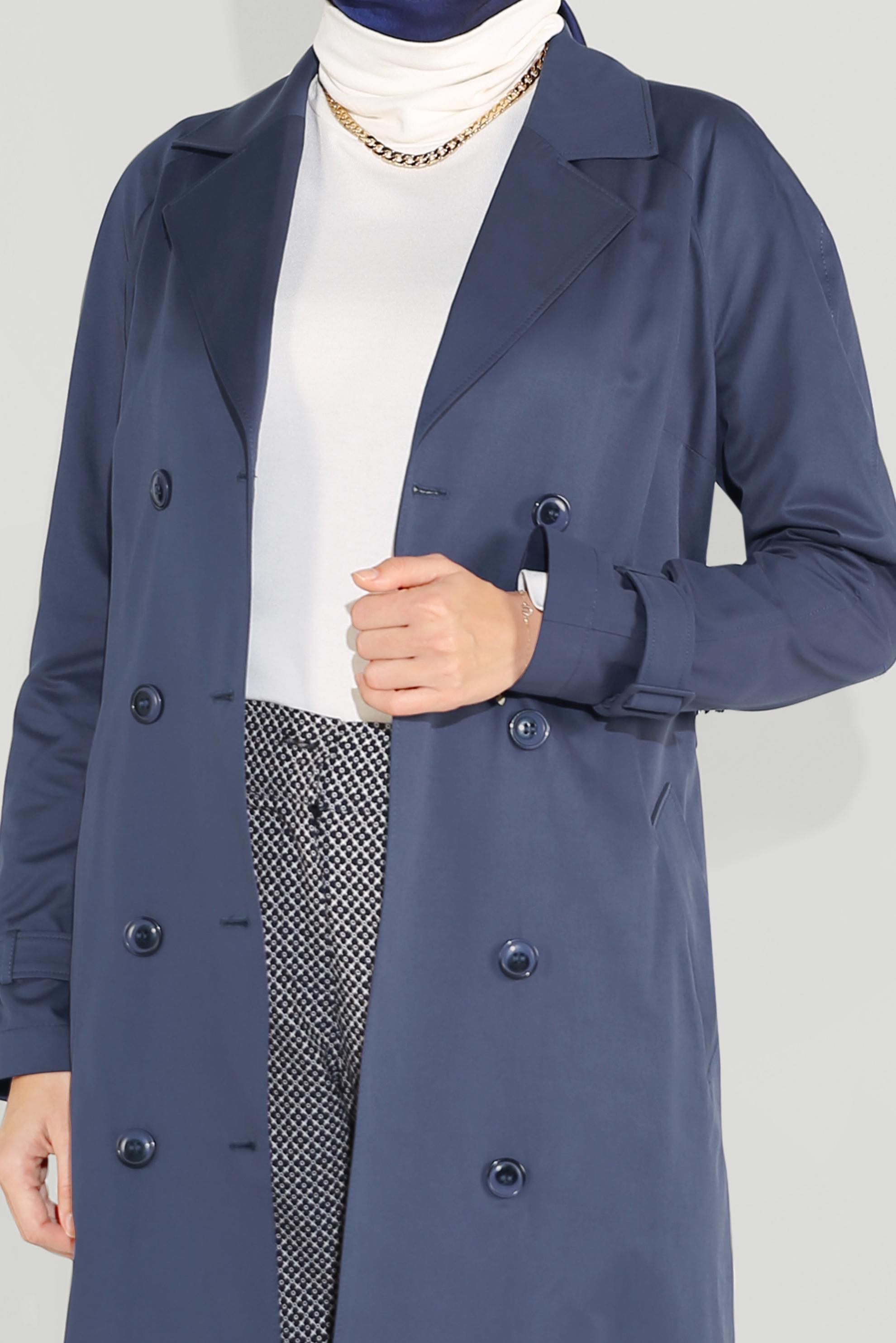 Tesettür giyim LACİVERT KRUVAZE DÜĞMELİ TRENÇKOT 10198