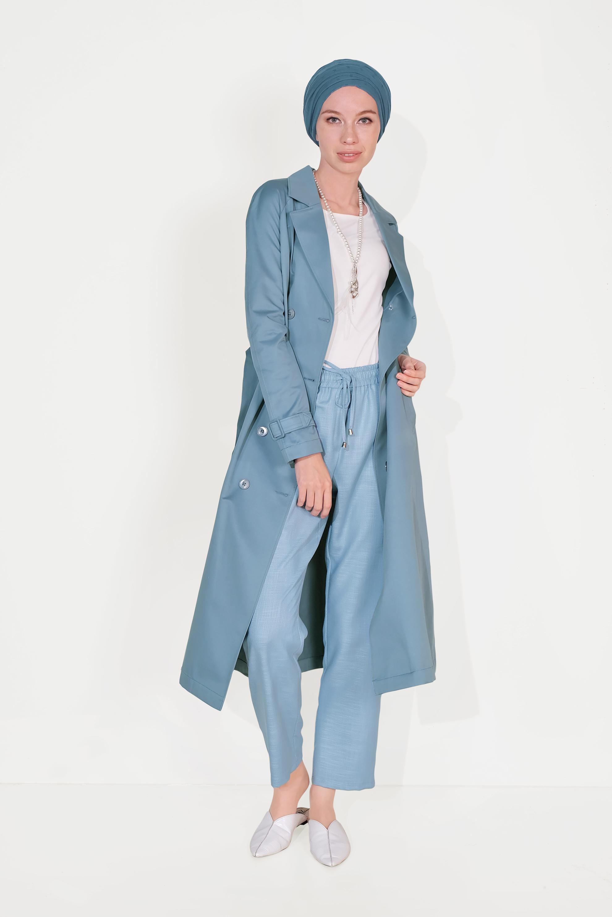 Tesettür giyim MAVİ KRUVAZE DÜĞMELİ TRENÇKOT 10198