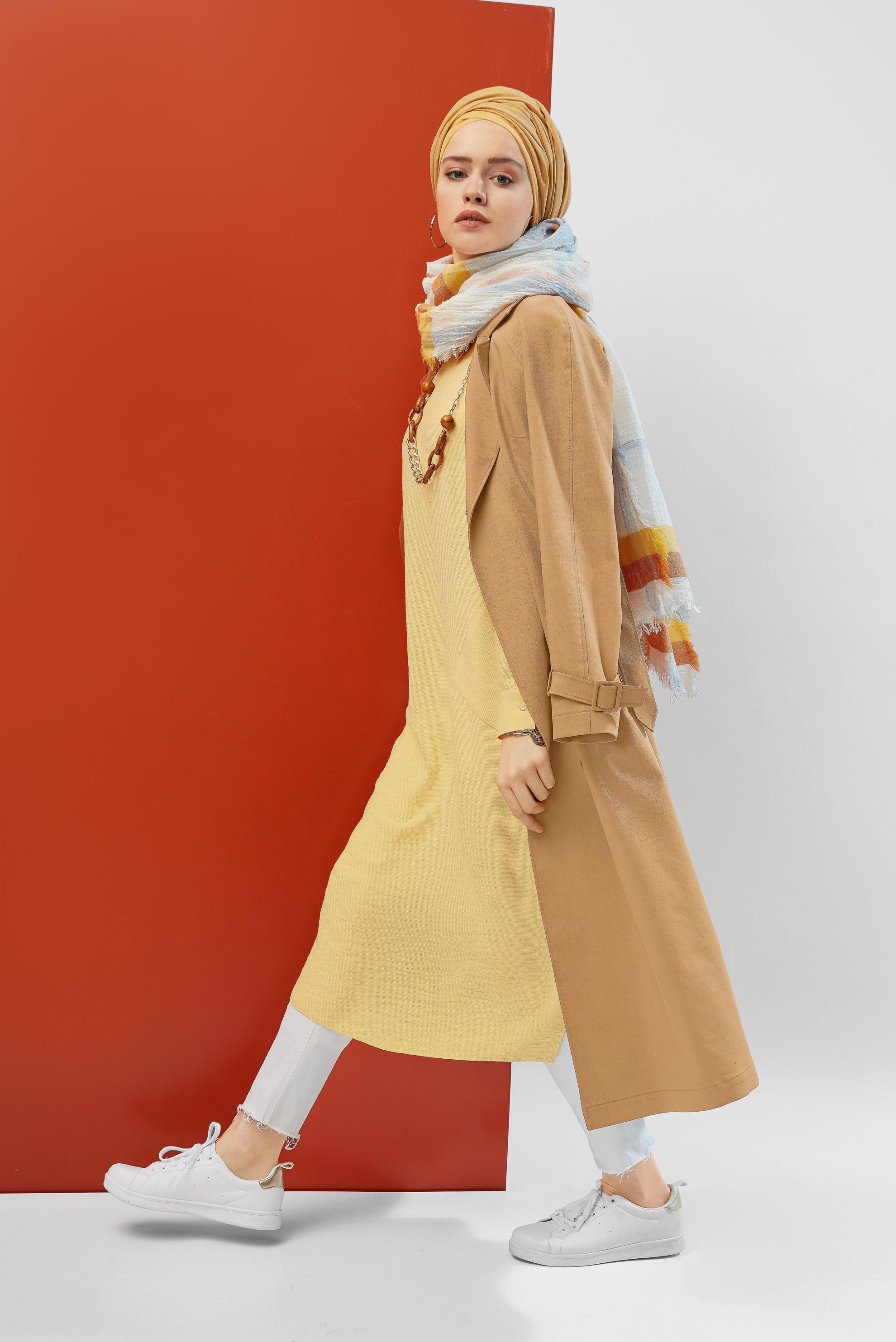 Tesettür giyim KAHVE KRUVAZE DÜĞMELİ TRENÇKOT 10198