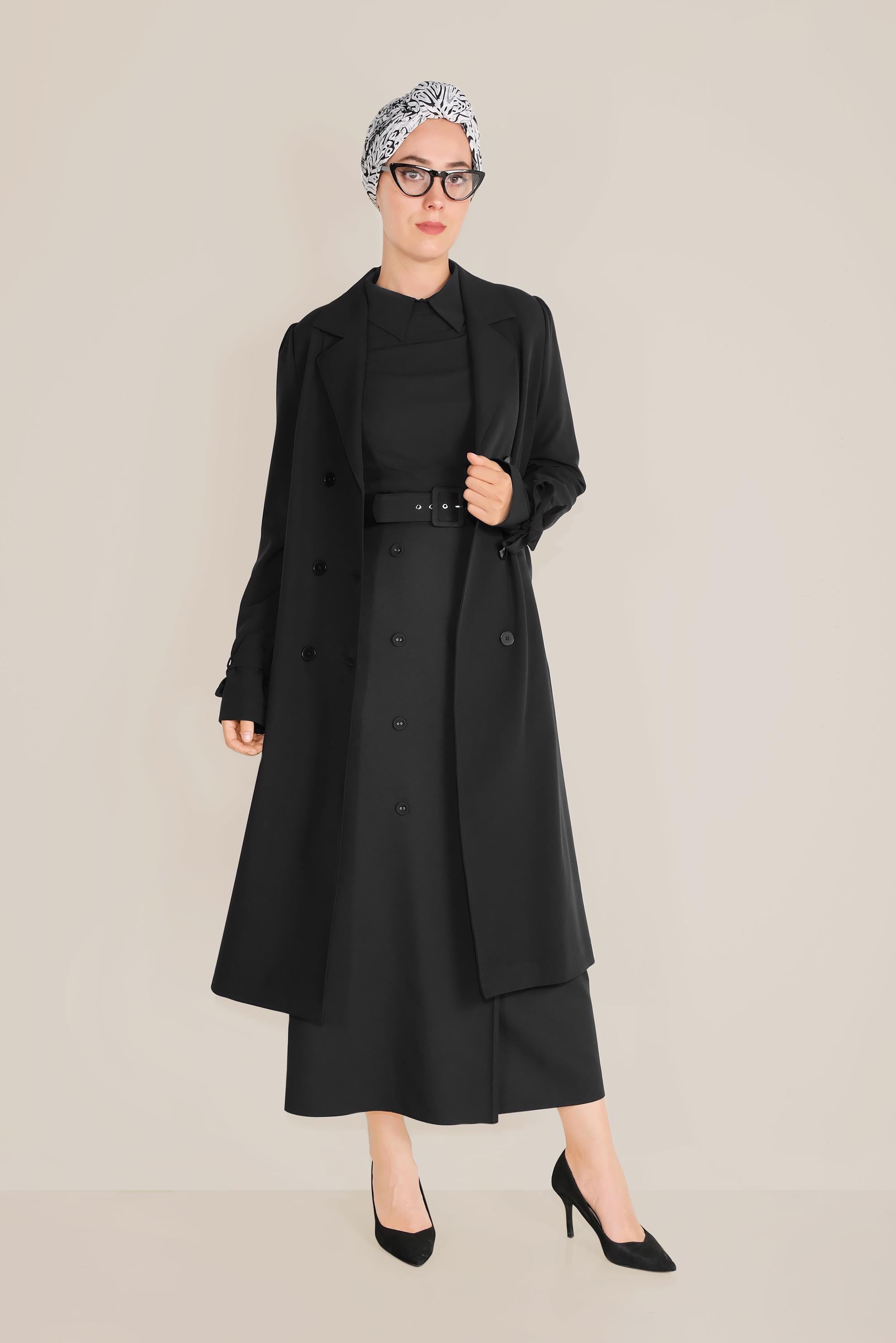 Tesettür giyim SİYAH KRUVAZE DÜĞMELİ TRENÇKOT 10210 