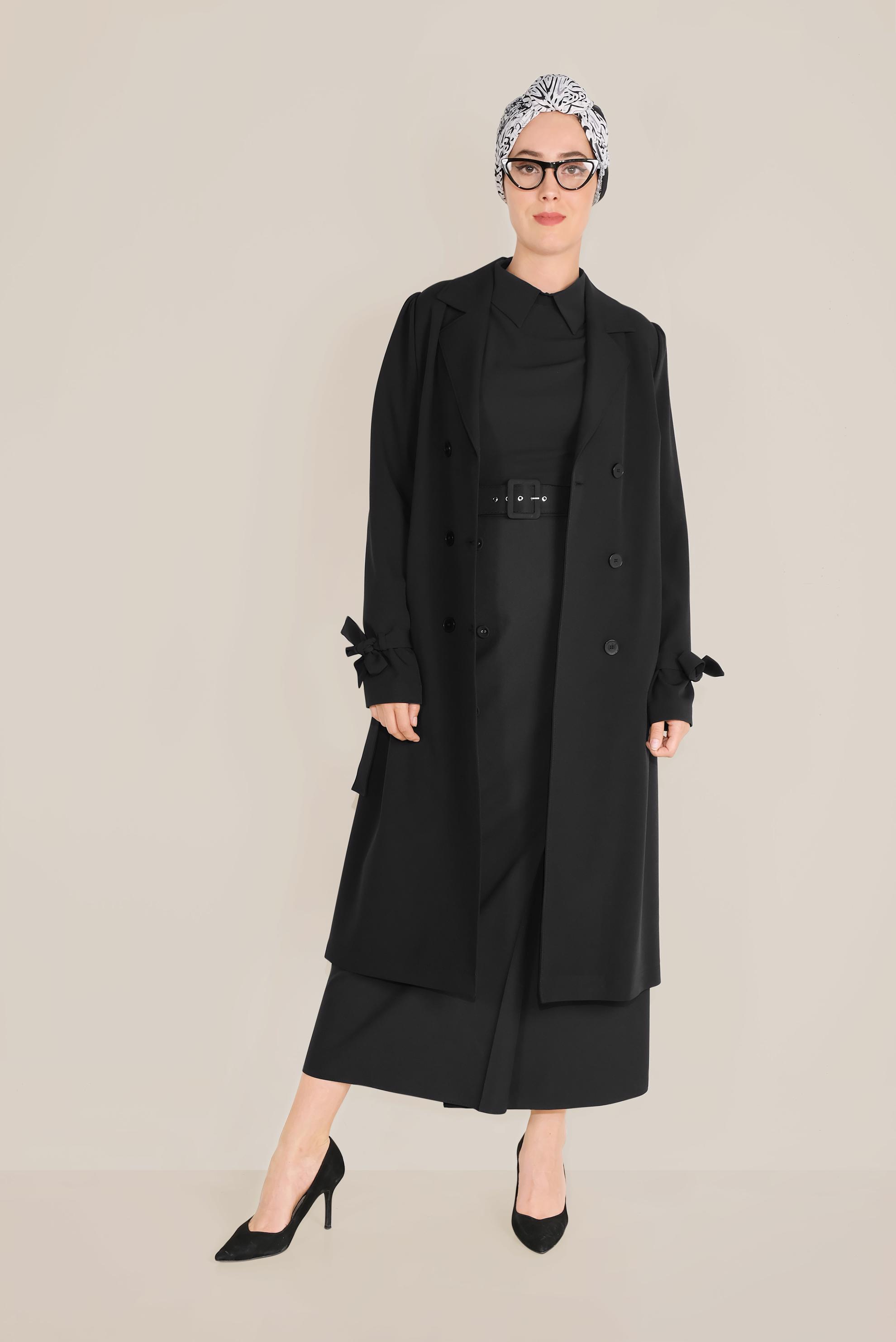 Tesettür giyim SİYAH KRUVAZE DÜĞMELİ TRENÇKOT 10210 