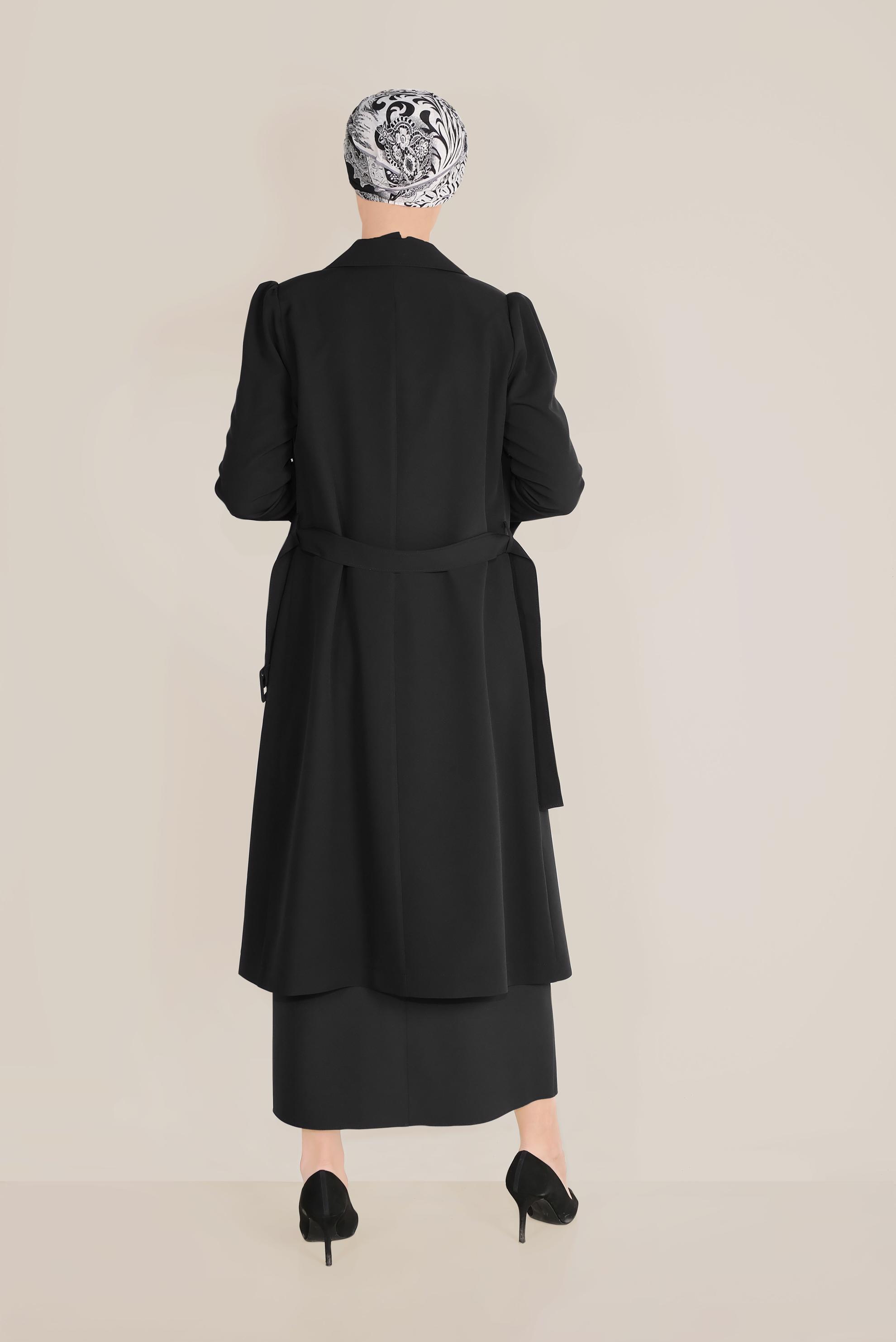 Tesettür giyim SİYAH KRUVAZE DÜĞMELİ TRENÇKOT 10210 